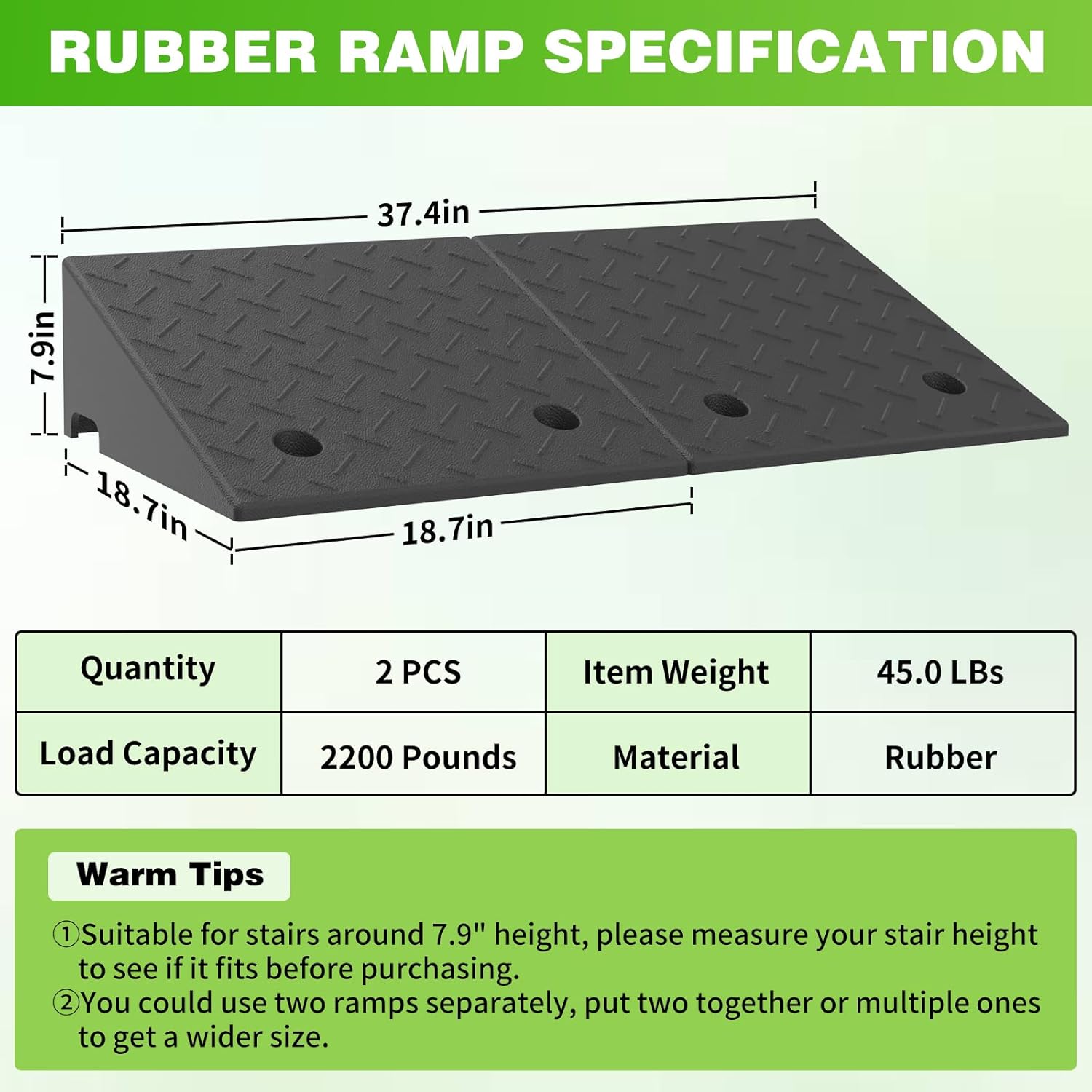 7.9 inch rise rubber ramp, wheelchair door ramp with non-slip surface, threshold ramp for cars/scooters/walkers/doorway/home steps/driveway (2pcs, 2200lbs load)