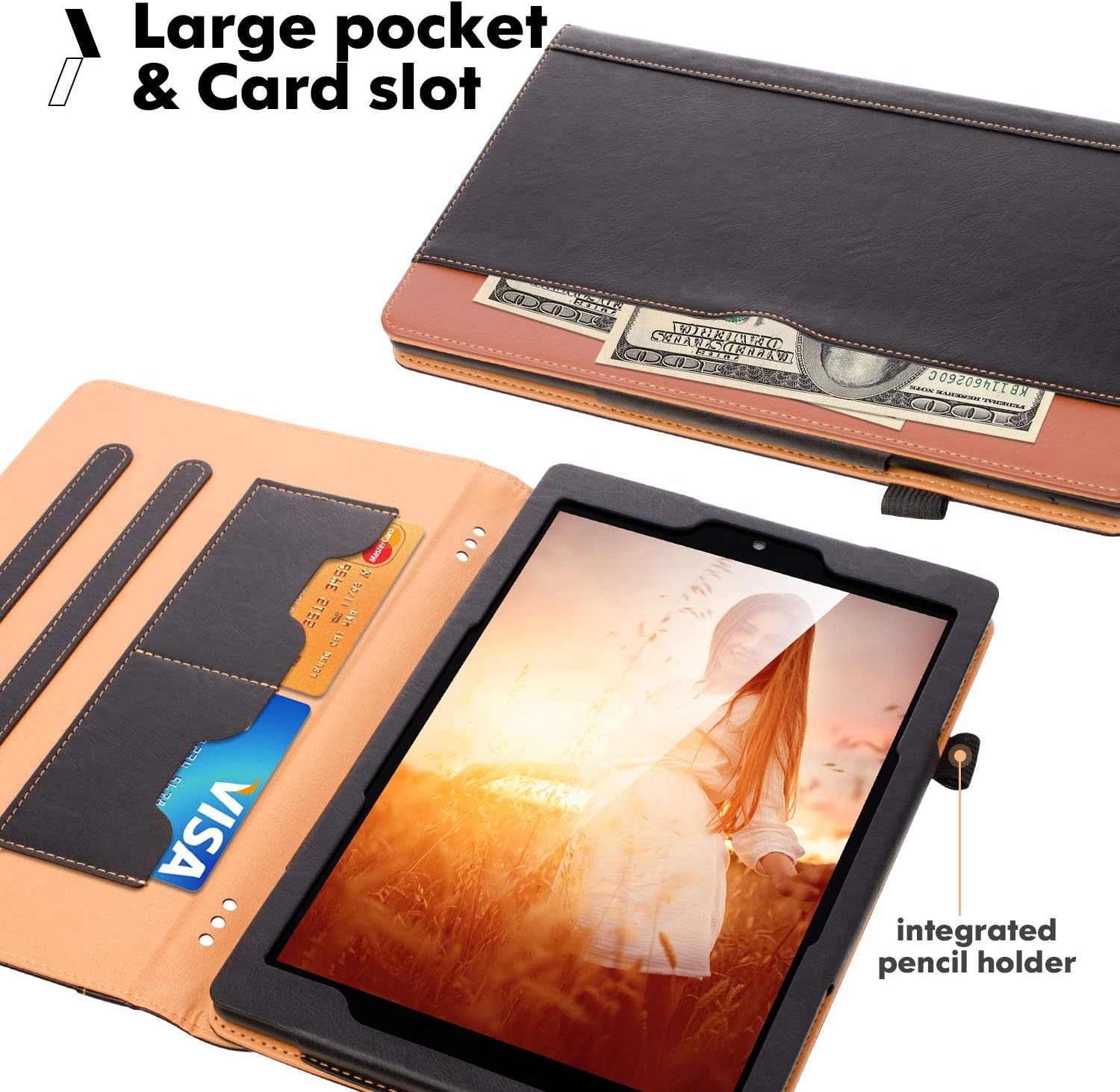 ZoneFoker All New Kindle Fire HD 10 Tablet Leather Case (9th/7th Generation,2019/2017 Released), Auto Sleep/Wake 360 Protection Multi-Angle Viewing Folio Stand Cases - Black/Brown