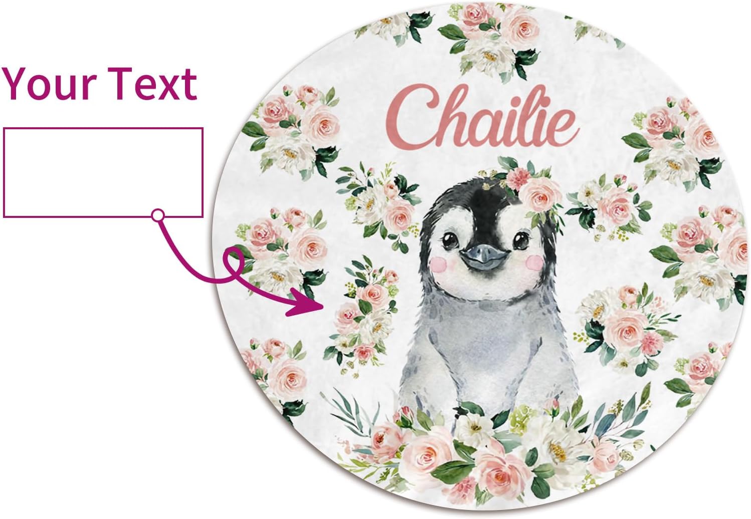 Custom Name Baby Rug - Nursery Mat for Baby Boys & Girls, Tummy Time, Crawling Mat, Round Rug - Fits Nursery & Bedroom - Penguin Flower (39.37"X39.37")