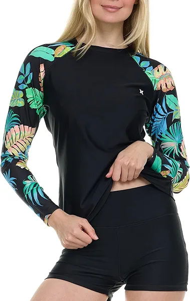 Hurley Womens Two Piece Rash Guard & Swim Shorts, Long Sleeve Swim Shirt, Quick Dry Swimsuits UPF 50+ SPF Sun & UV Protection