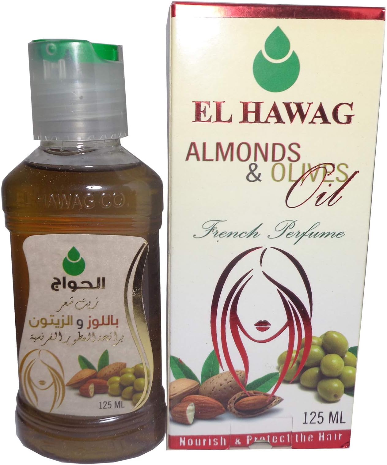 Original Elhawag El Hawag Almonds & Olives Oil Hair Care Contains Vitamins & Protects & Strengthens & Smoothness Hair (1 Pack = 4.41oz / 125ml) زيت شعر باللوز والزيتون