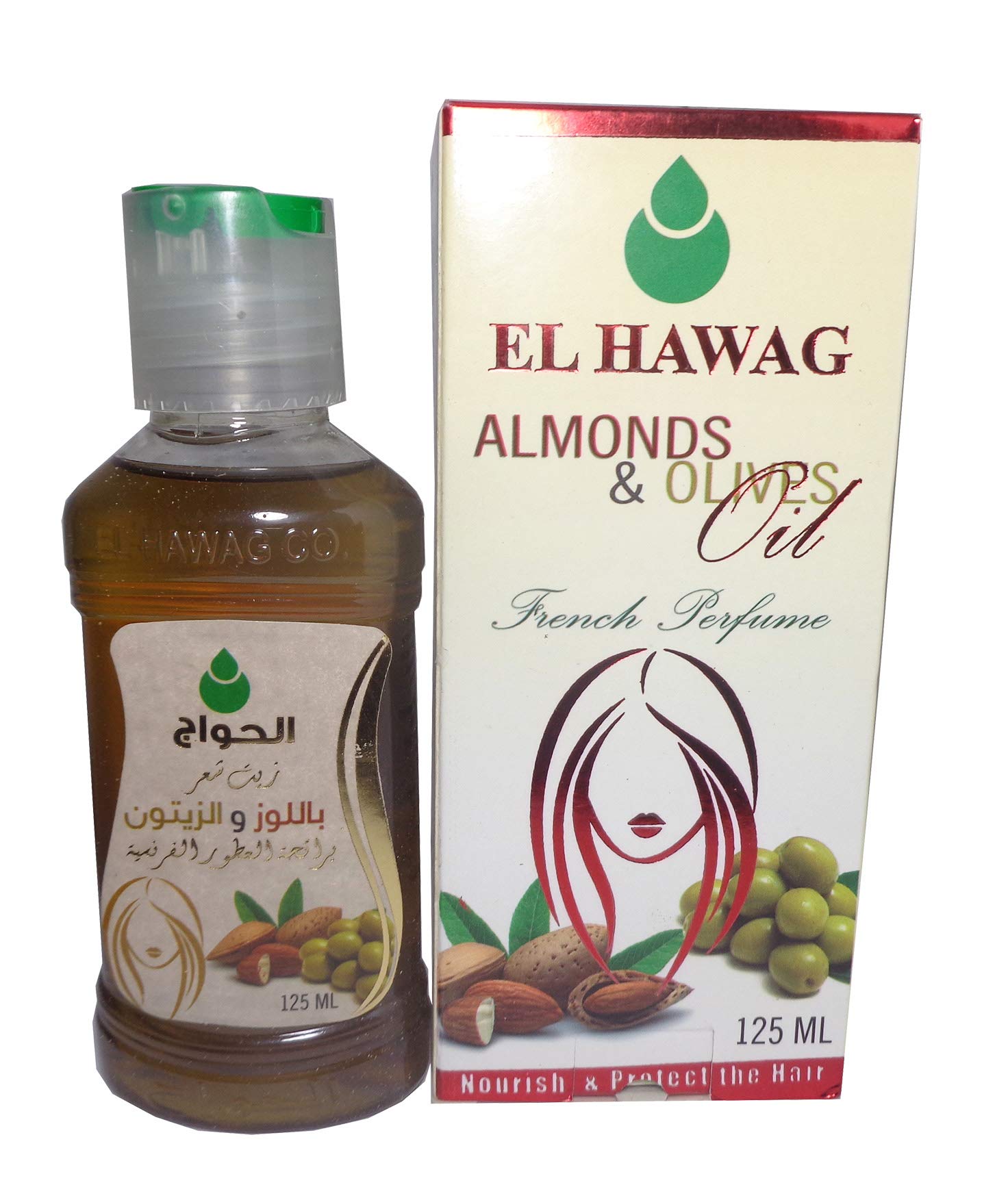 Original Elhawag El Hawag Almonds & Olives Oil Hair Care Contains Vitamins & Protects & Strengthens & Smoothness Hair (1 Pack = 4.41oz / 125ml) زيت شعر باللوز والزيتون