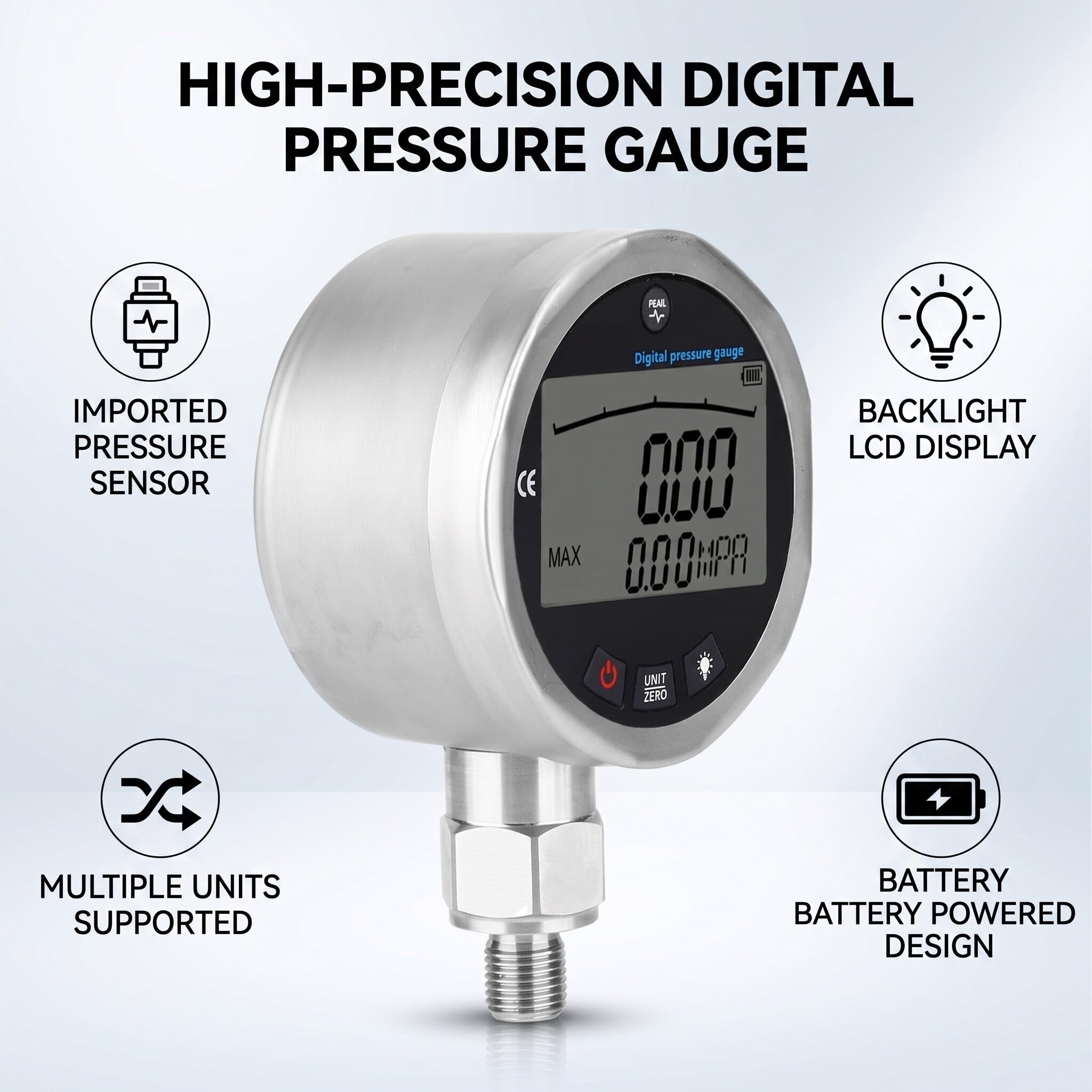 3.15 Digitales Hydraulisches Manometer aus Edelstahl, 10000 PSI 400 BAR 0-40 MPa mit G1 / 4-Anschluss Hydraulischer Manometer-Tester