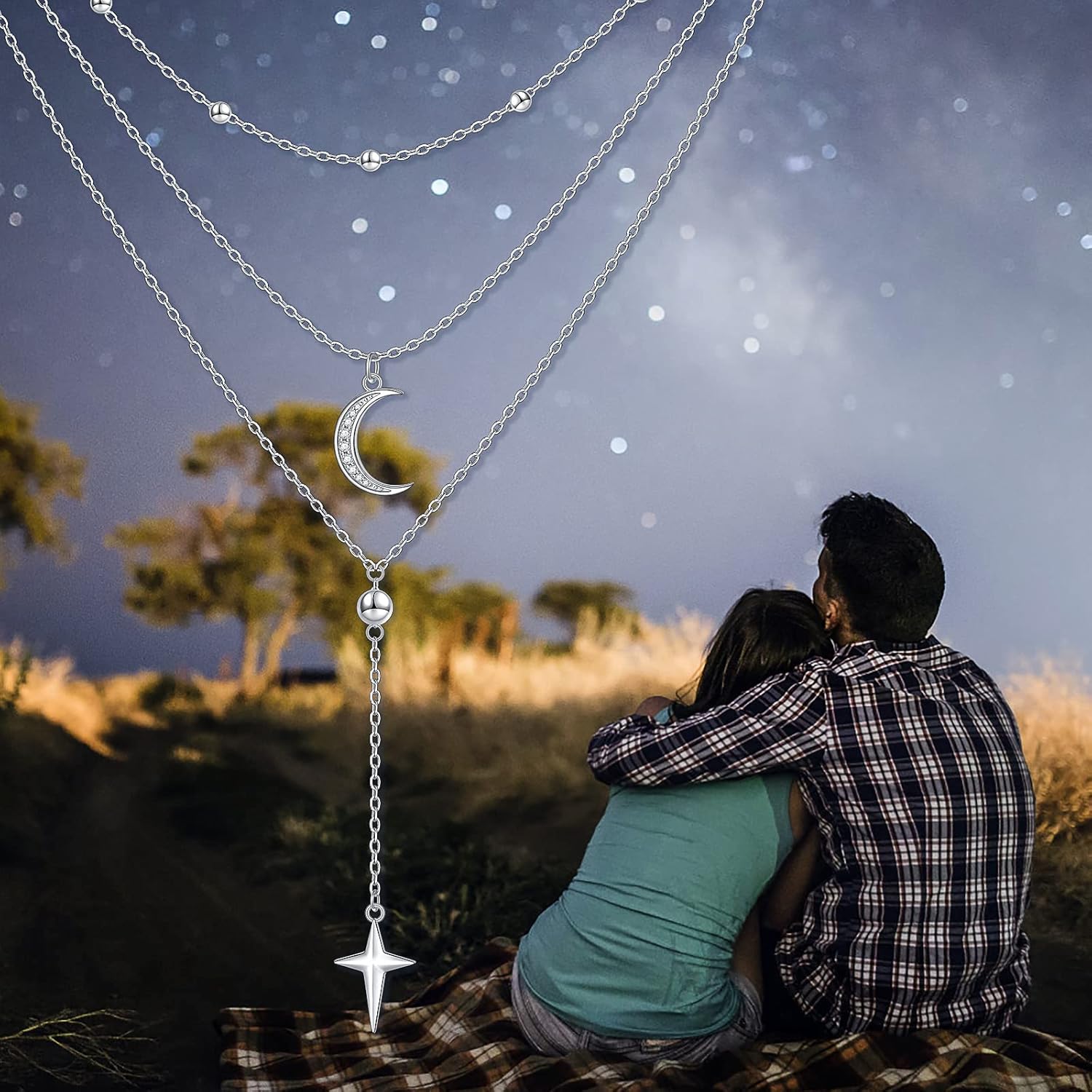 Sterling Silver Layered Necklaces for Women 3 Layer Dainty Moon and Star Pendant Multilayer Long Necklace four-pointed Star Choker Chain Adjustable Moon Jewelry - Image 5