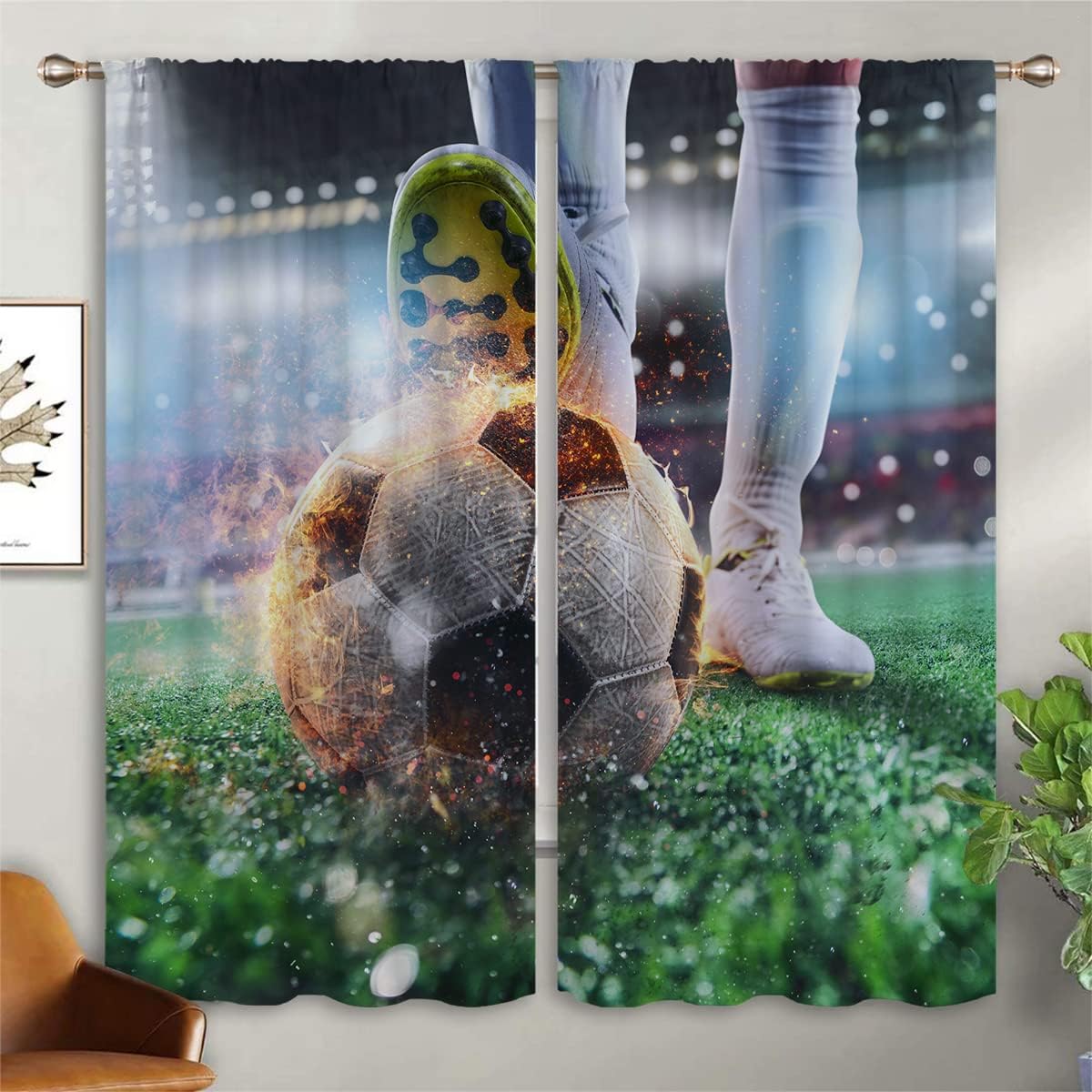 Football Blackout Curtains for Boy Girl Room Darkening Decor,Soccer Striker Ready to Kicks the Fiery Ball at the Stadium Bedroom Living Room Home Rod Pocket Thermal Insulated Window Drapes,55x63 Inch