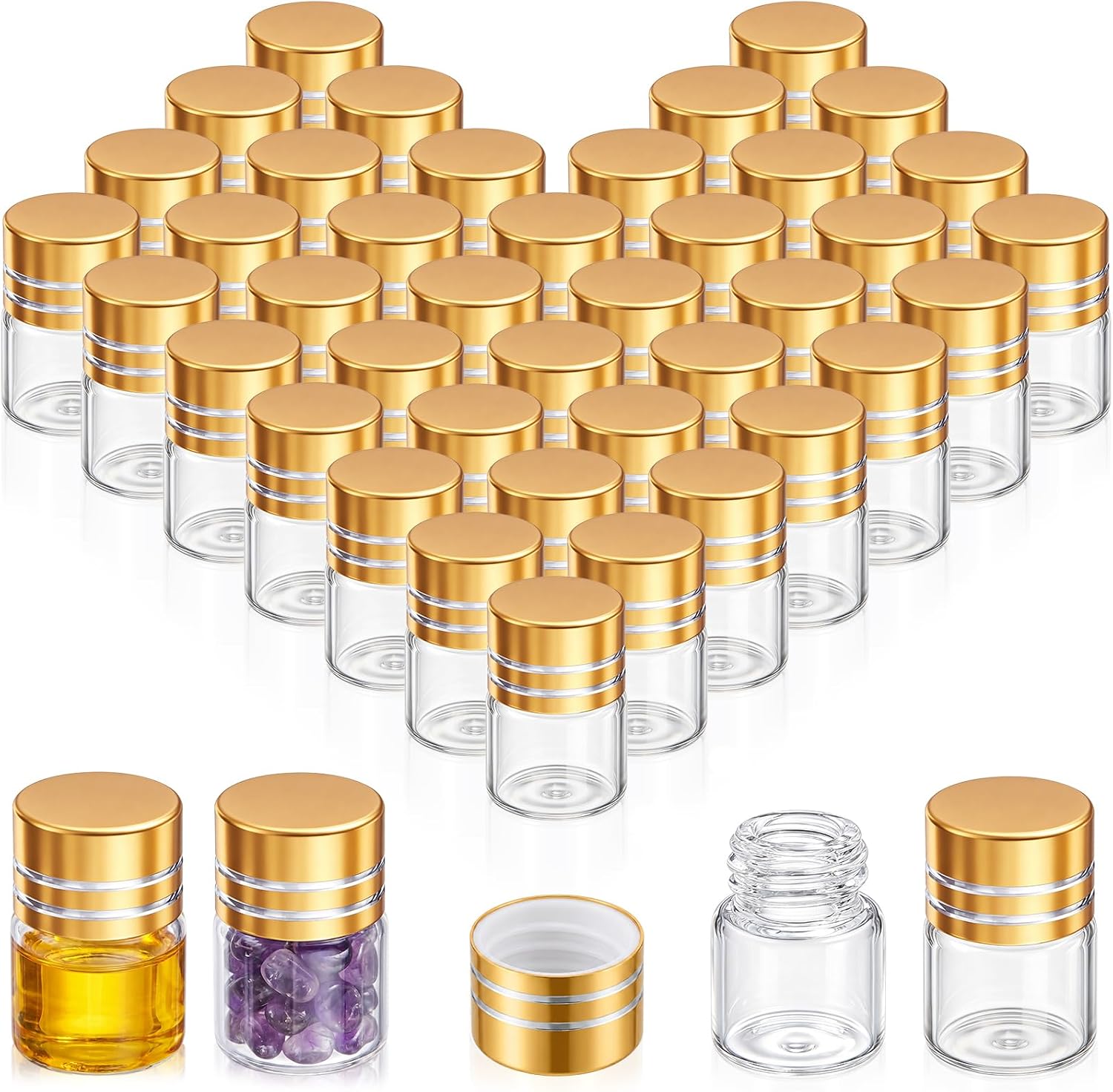 Didaey 50 Pcs Mini Glass Bottles with Screw Caps, Tiny Glass Jars with Lids, Small Clear Vial Containers, Empty Wishing Gift Bottles Jars Tiny Vials Containers for DIY Storage Art Craft (10ml,Gold)