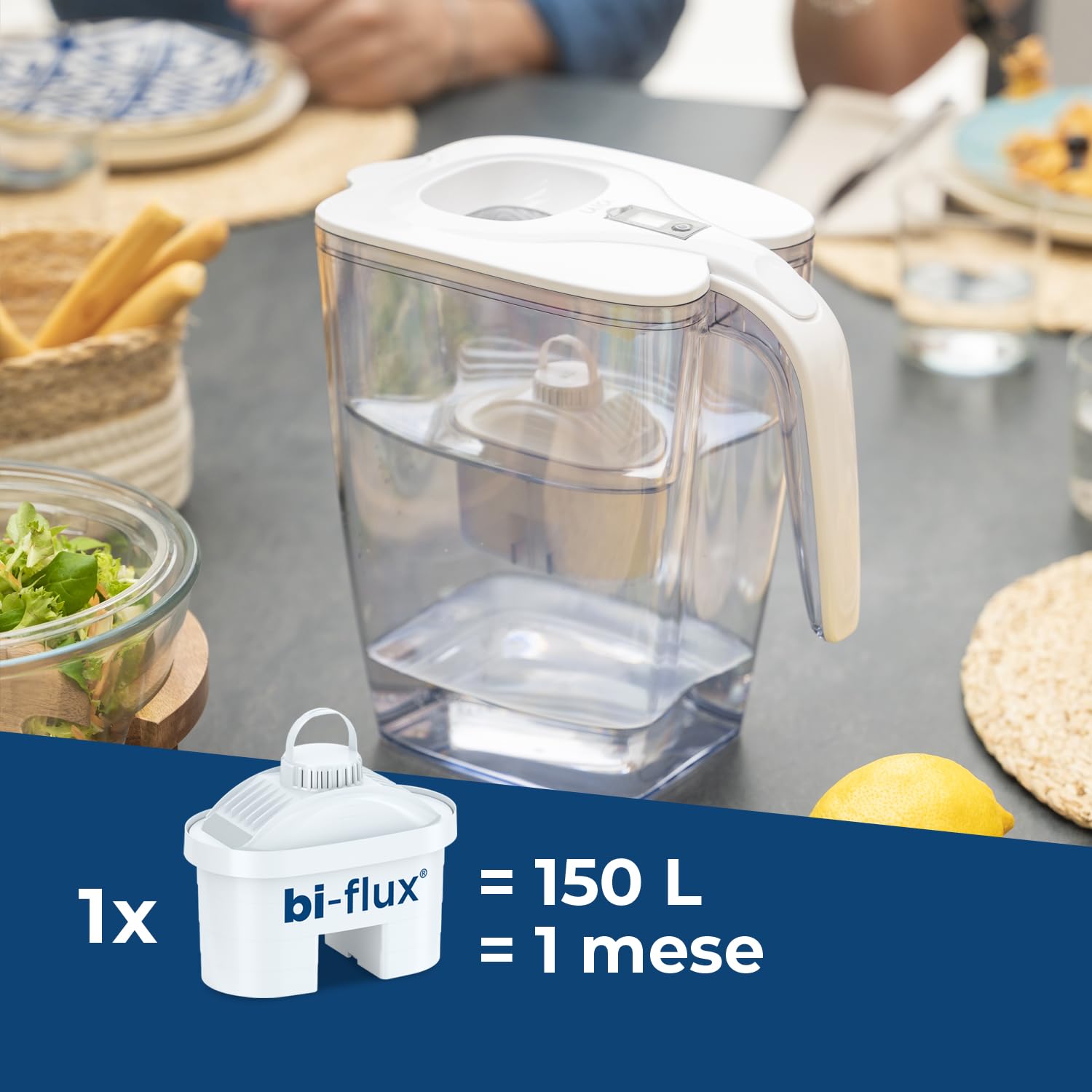 Laica Caraffa Filtrante BIG Milano - Bianca - 3,7L - con 1 Filtro bi-flux, Preserva i sali minerali e Riduce le sostanze indesiderate - Capacità XXL - Timer digitale - Sicurezza Made in Italy