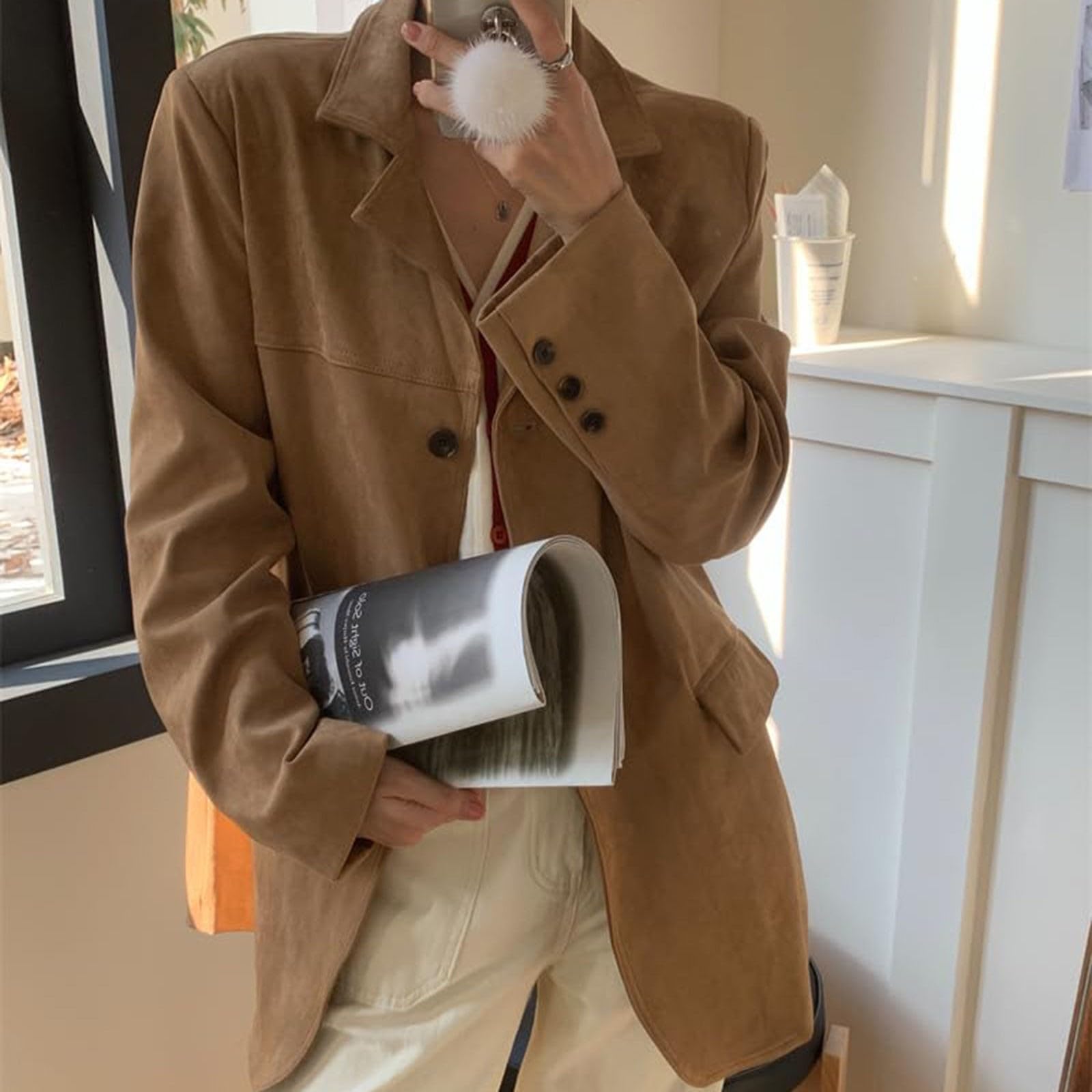 Blazer da donna, elegante, vintage, aperto sul davanti, con colletto a risvolto, per le mezze stagioni, per lavoro, ufficio, lungo, per il business, tinta unita, per il tempo libero, con tasche