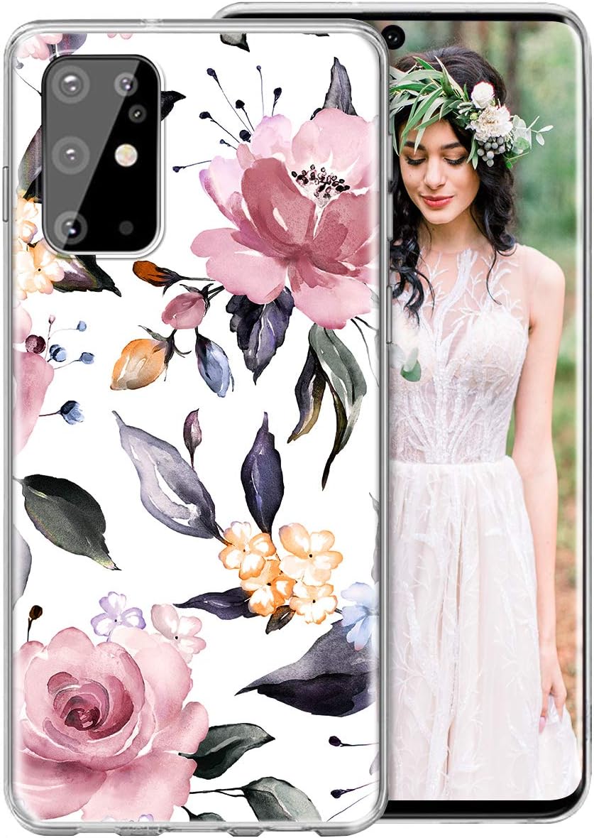 iDLike Galaxy S20 Plus Case for Girls Women, Floral Flower Cute Design Soft Silicone Protective Phone Case Cover with Flowers Roses + Leaves Pattern for Samsung Galaxy S20+ Plus 6.7 2020, Pink/White