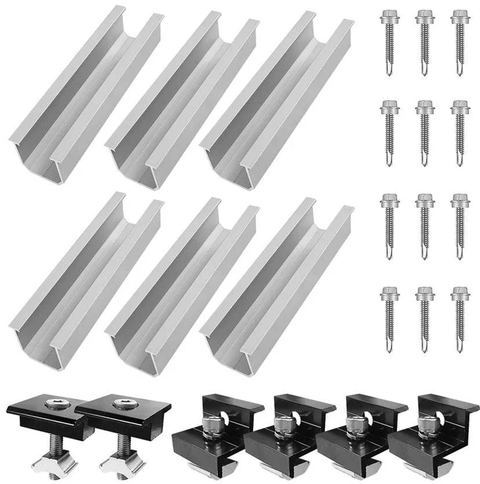 12 Stück/Set Solarpanel-Halterung, Aluminium-PV-Schienenbefestigungsmodul, trapezförmige Dachmontage-End- und Mittelklemmen