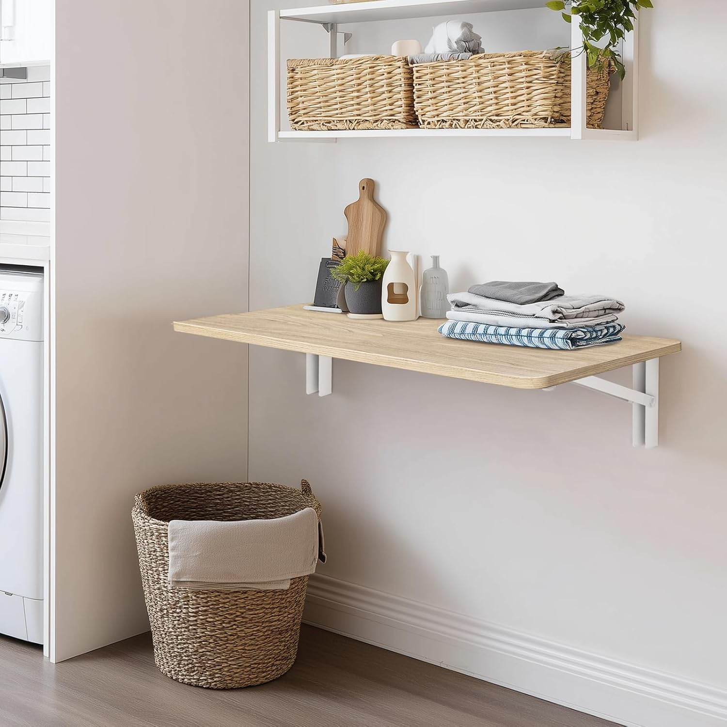 Natural Wood Wall Mounted Folding Table 23.6"x15.7" Fold Down Wooden Wall Desk, Floating Table for Laundry, Kitchen, or Small Office Wooden 23.6"W*15.7"D
