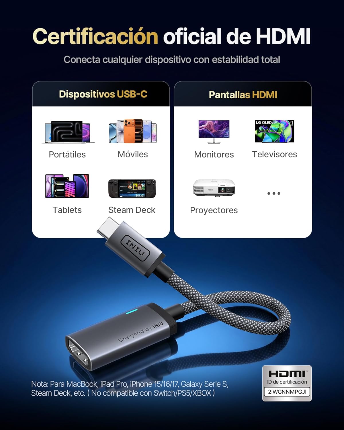 INIU Adaptador USB C a HDMI, Certificación HDMI Oficial con LED Inteligente, 4K@60Hz Compatible con Puertos Thunderbolt 3/4, MacBook Neo iMac Portátil iPad iPhone Samsung Steam Deck Monitor Gaming HDR 3