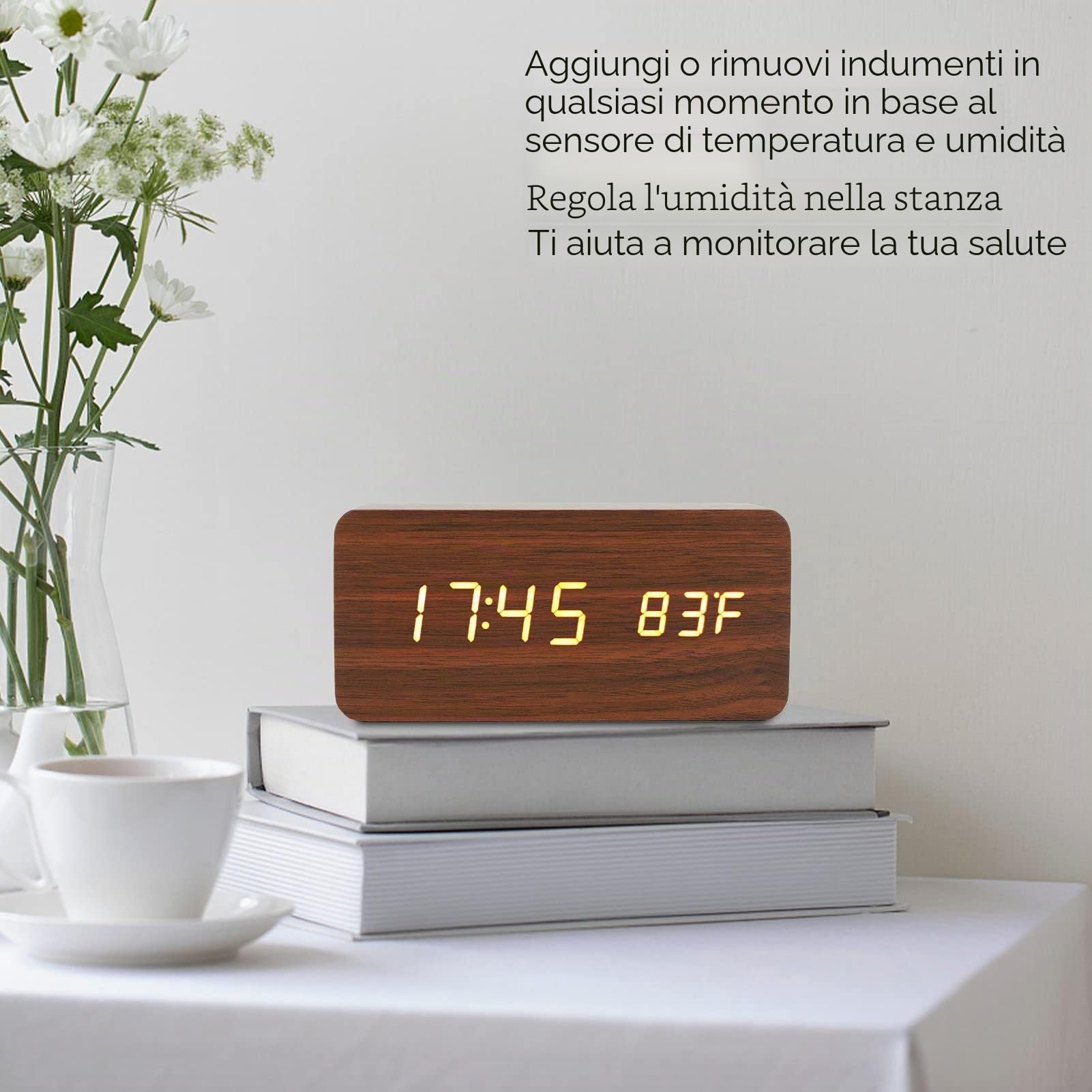 Orologio a LED in legno, sveglia digitale con 3 livelli di luminosità elettronica, grande display a colori, orologio digitale da scrivania con display a umidità temporanea, ufficio, camera da letto