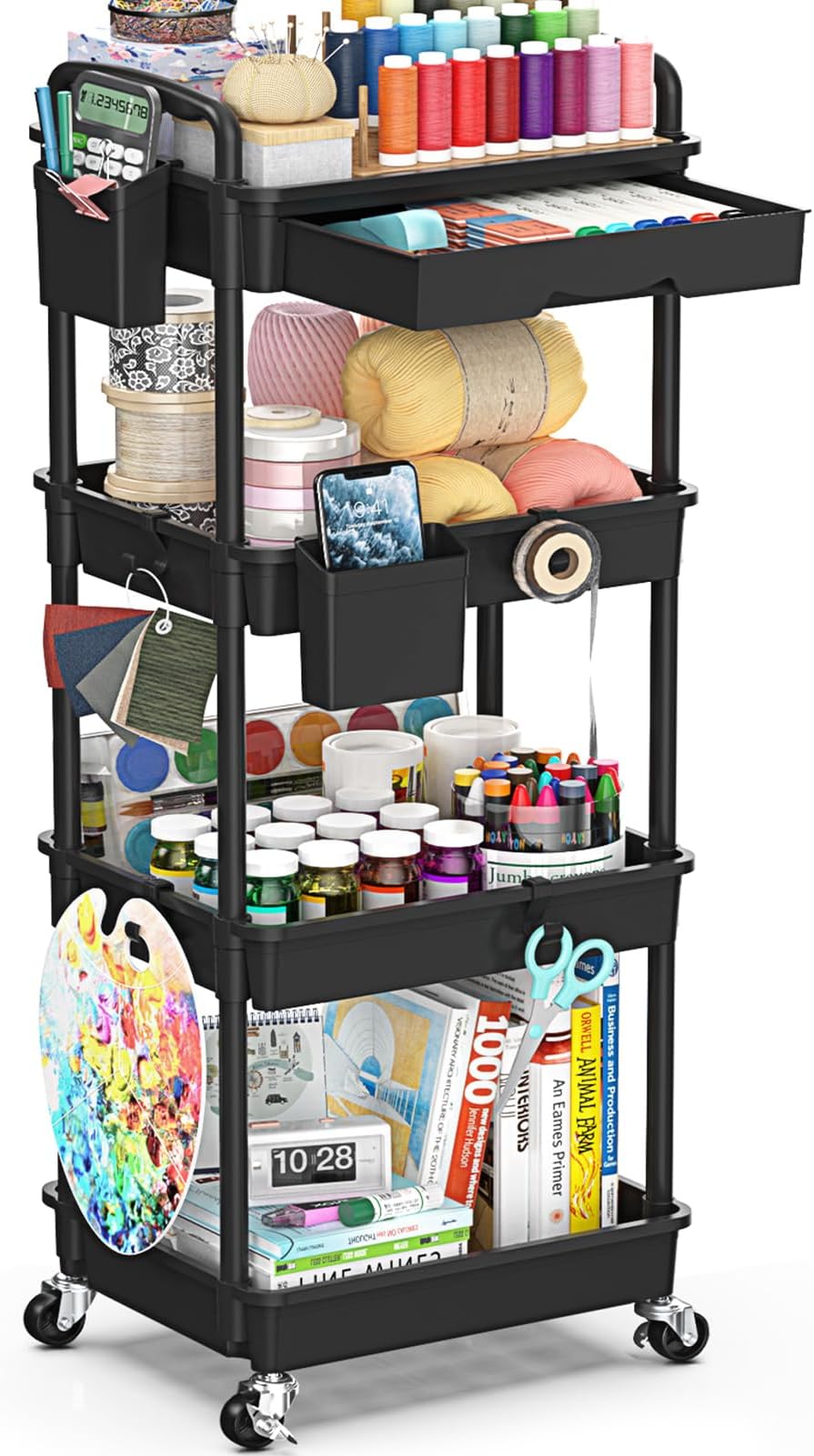 SUNALLY 4 Tier Rolling Utility Cart with Drawer, Storage Organizer Cart with 2 Lockable Wheels, Multifunctional Rolling Storage Cart for Bathroom, Kitchen, Craft, Makeup, Baby Essentials, Black