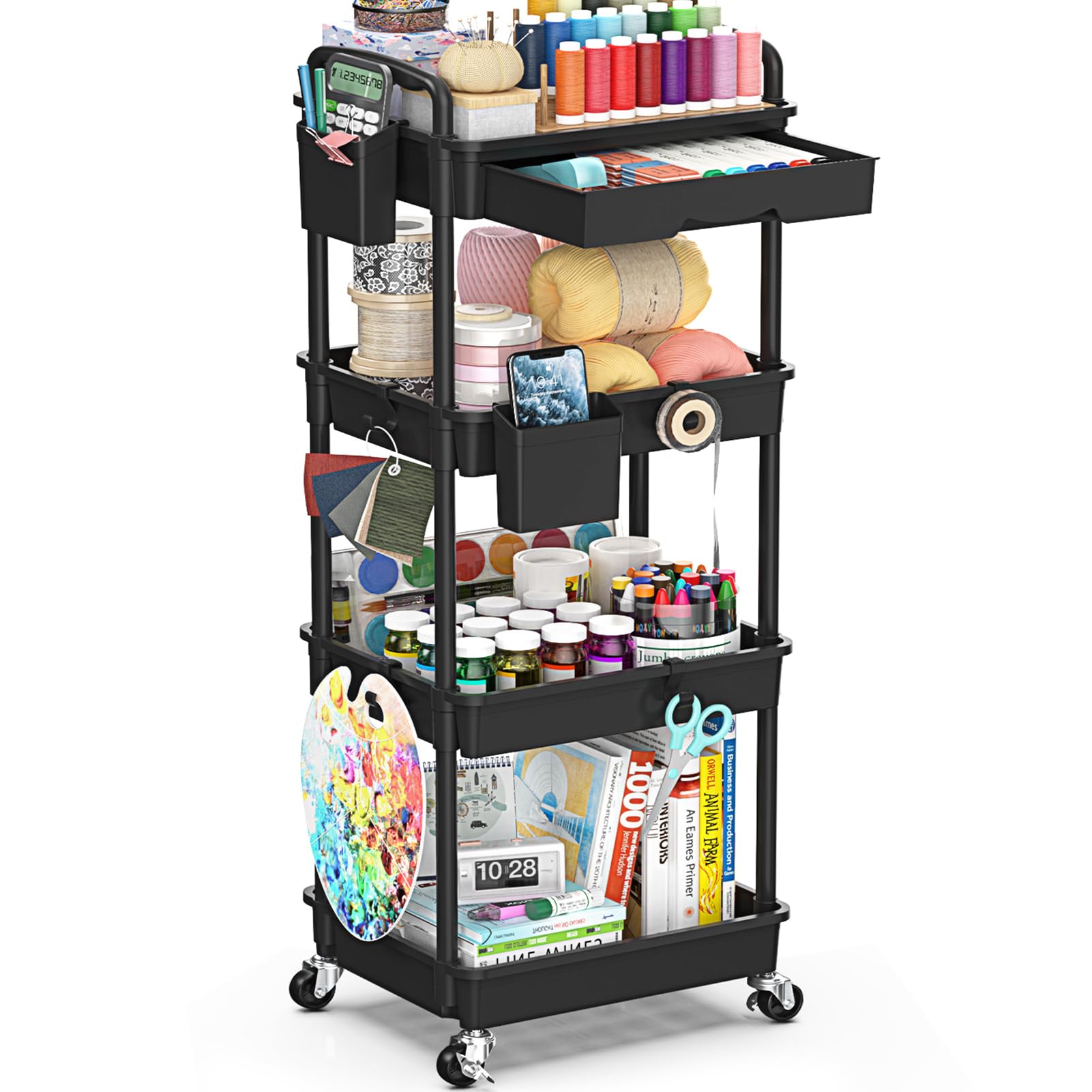 4 Tier Rolling Utility Cart with Drawer, Storage Organizer Cart with 2 Lockable Wheels, Multifunctional Rolling Storage Cart for Bathroom, Kitchen, Craft, Makeup, Baby Essentials, Black