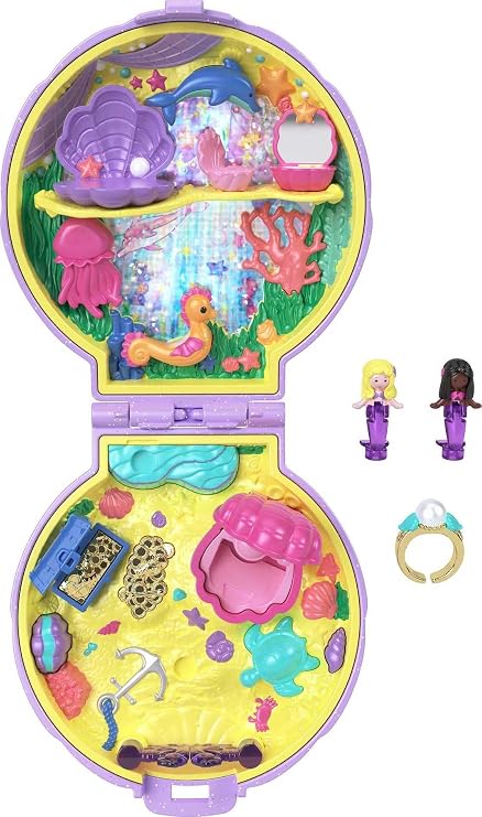 Polly Pocket Keepsake Collection Mermaid Dreams Collectible Compact, Under-The-Sea Theme, Special Box, 2 Mermaid Dolls, Wearable Ring & More, Collectible Gift, Ages 4 Years Old & Up