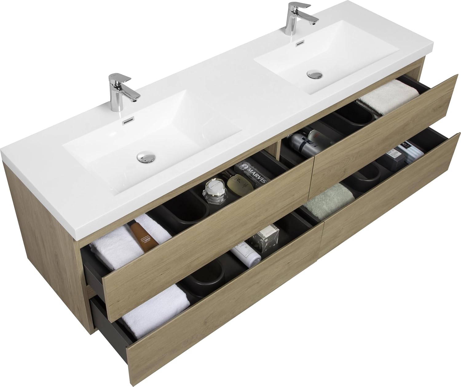 TONA 72" Floating Bathroom Vanity with Sink Combo Modern Design with Invisible Handle, Wall Mounted Bathroom Storage with 2 Resin Top Basin and 4 Soft Close Drawers - (Natural Oak, Angela 72")