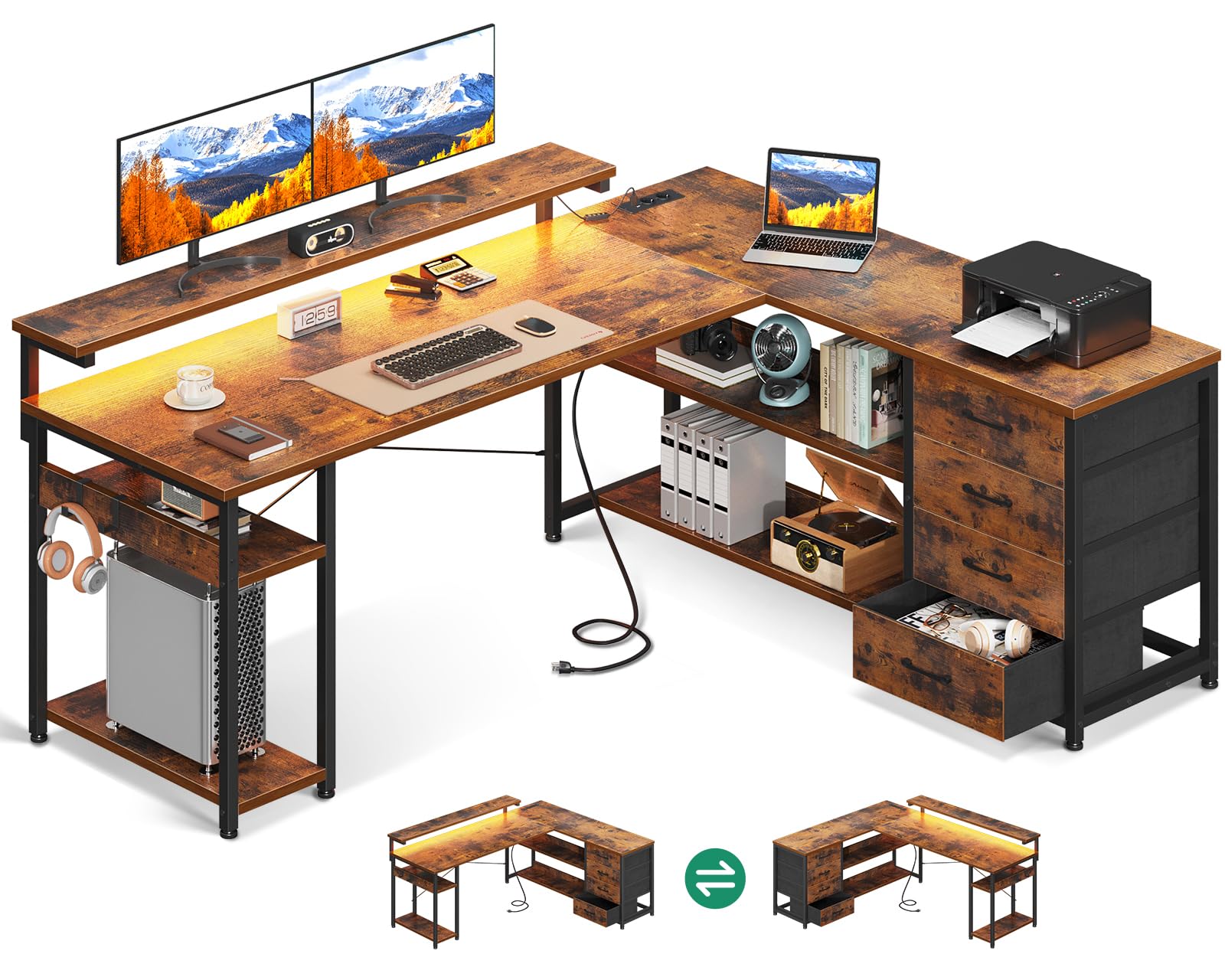 ODK Escritorio con Cajones, Escritorio Esquinero Reversible con 2 Enchufes y 2 Puertos USB, Mesa de Oficina en Forma de L con LED para Oficina en Casa, Madera Vintage, 155×110cm