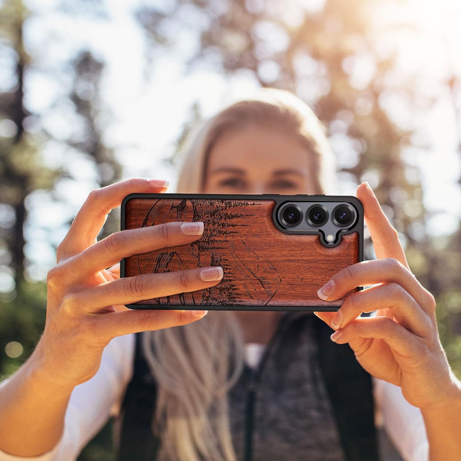 Carveit Magnetic Wooden Case for Samsung Galaxy S25 Case 2025, TPU Shockproof Cover & Wood Artisan Engraved, Compatible with MagSafe Wireless Chargers (Lake and Mountain) Rosy