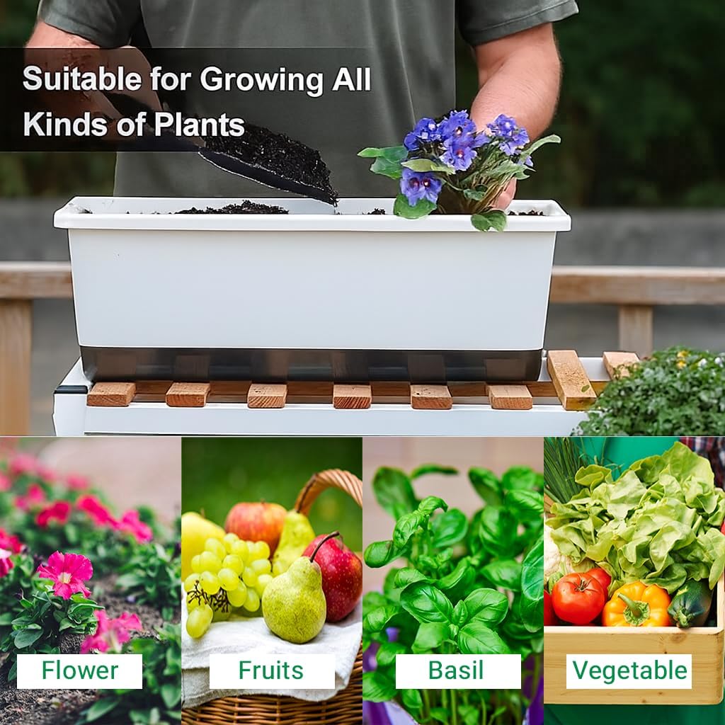 Modern Self-Watering Planter Box, White Color, Indoor Outdoor Different Designs (SW_104_White, 2)