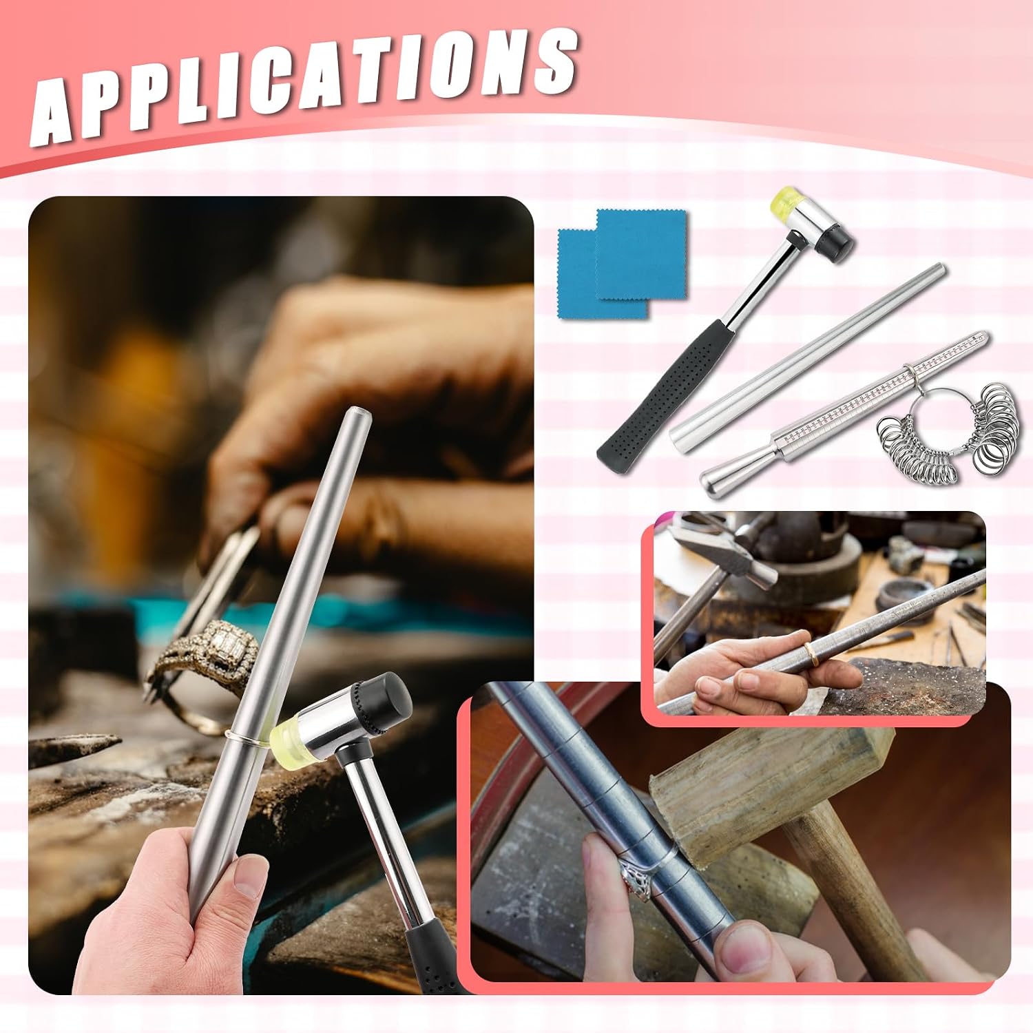 AMGSH Ring Mandrel Sizer Tool with Metal Mandrel Finger Sizing Measuring Stick and Ring Sizer Guage of 27 PCS Circle Models Jewelry Sizer Tool and Rubber Jewelers Hammer