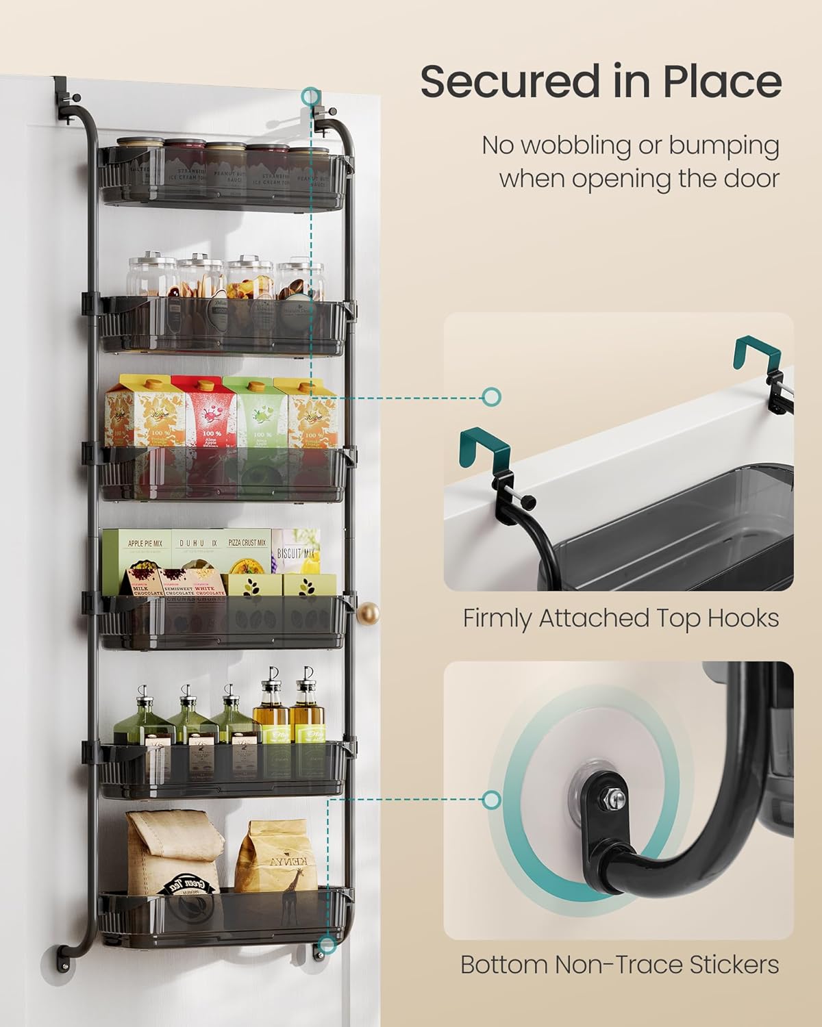 SONGMICS Over the Door Pantry Organizer, 6-Tier Kitchen Pantry Door Organizer with Adjustable Tall Baskets, Hanging Spice Rack, for Bedroom Bathroom Laundry Room, Transparent Black UKCS046BH01
