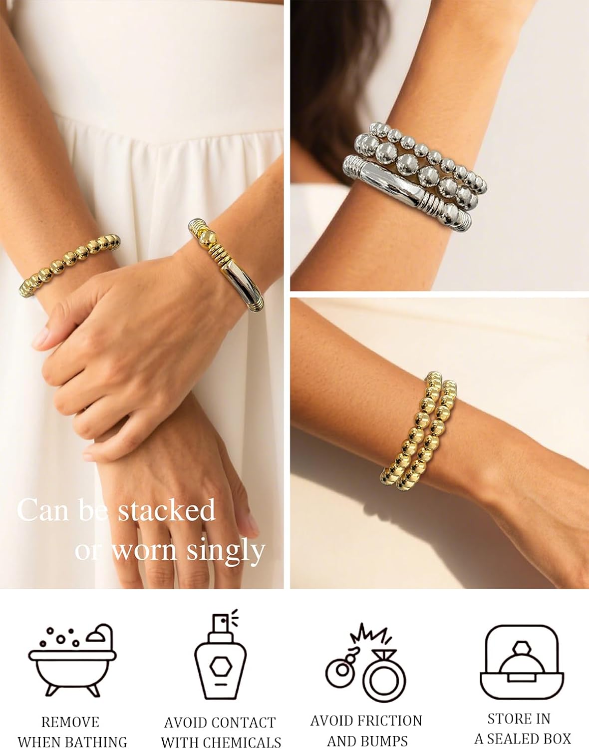 5Pcs Gold Beaded Bracelets 14K Gold Bracelets for Women Bracelet Stack Trendy Stretch Bead Bracelets Silver Bead Bracelet Dainty Jewelry for Women - Image 4