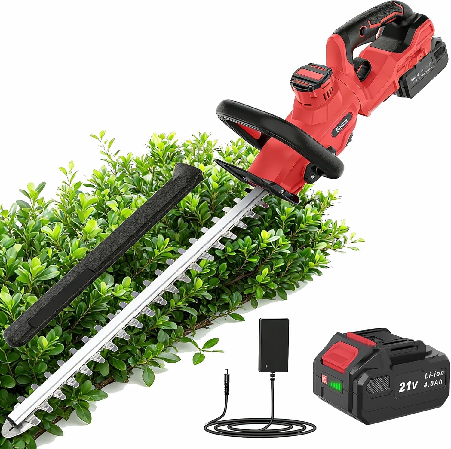 Tagliasiepi a Batteria 21V, Tagliasiepi Elettrico con 4.0Ah Batteria, 180° Regolabile Tagliasiepi, 51cm Lunghezza Lama, 16mm Distanza tra i Denti, Copri Lama per Siepi, Rami, Arbusti, Ramoscelli