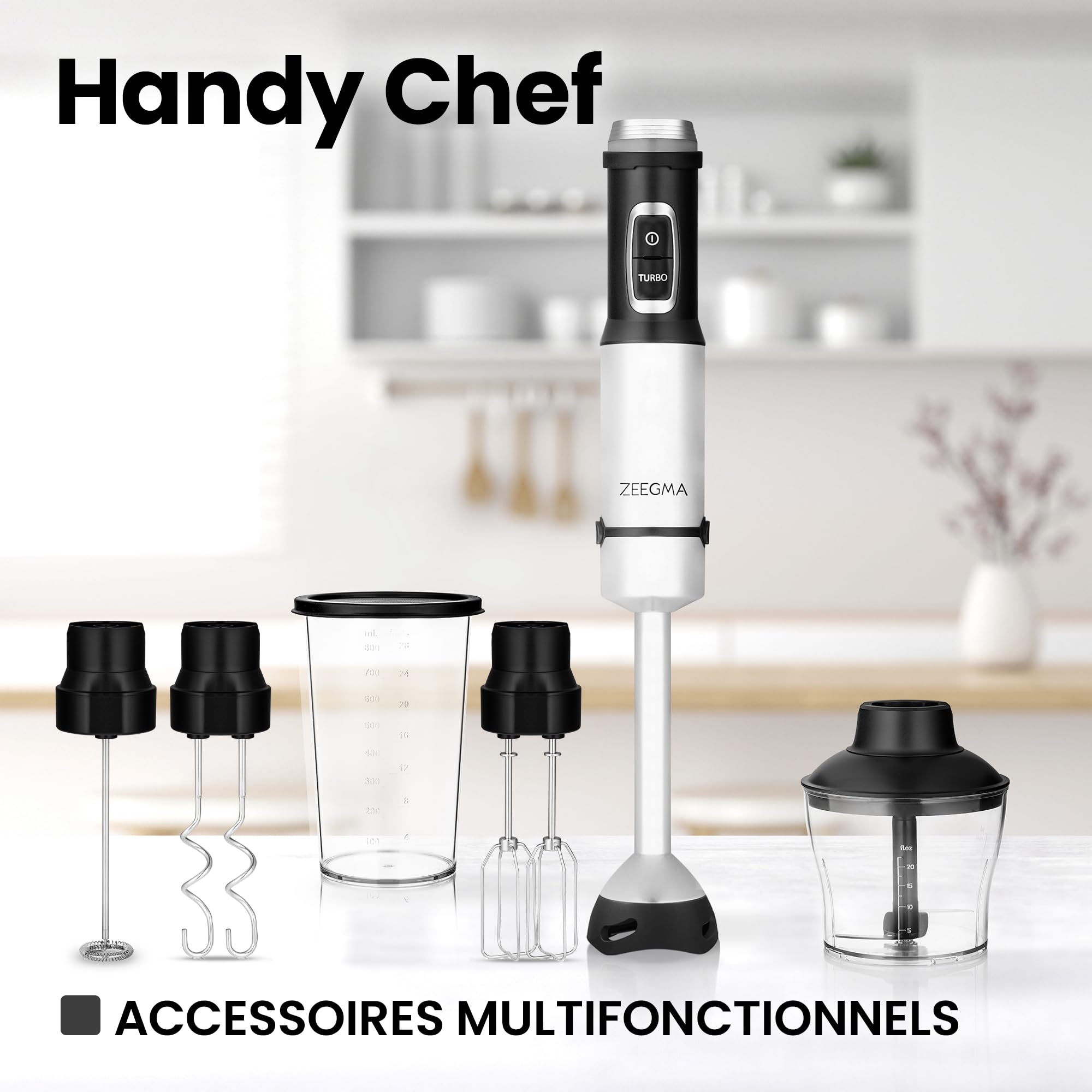 ZEEGMA Mixeur plongeant Handy Chef 5 en 1 multifonctionnel 1500 W, jeu de buses : mixeur, fouet, crochet, robot culinaire 0,6 l, récipient 0,8 l, mode turbo, contrôle de vitesse