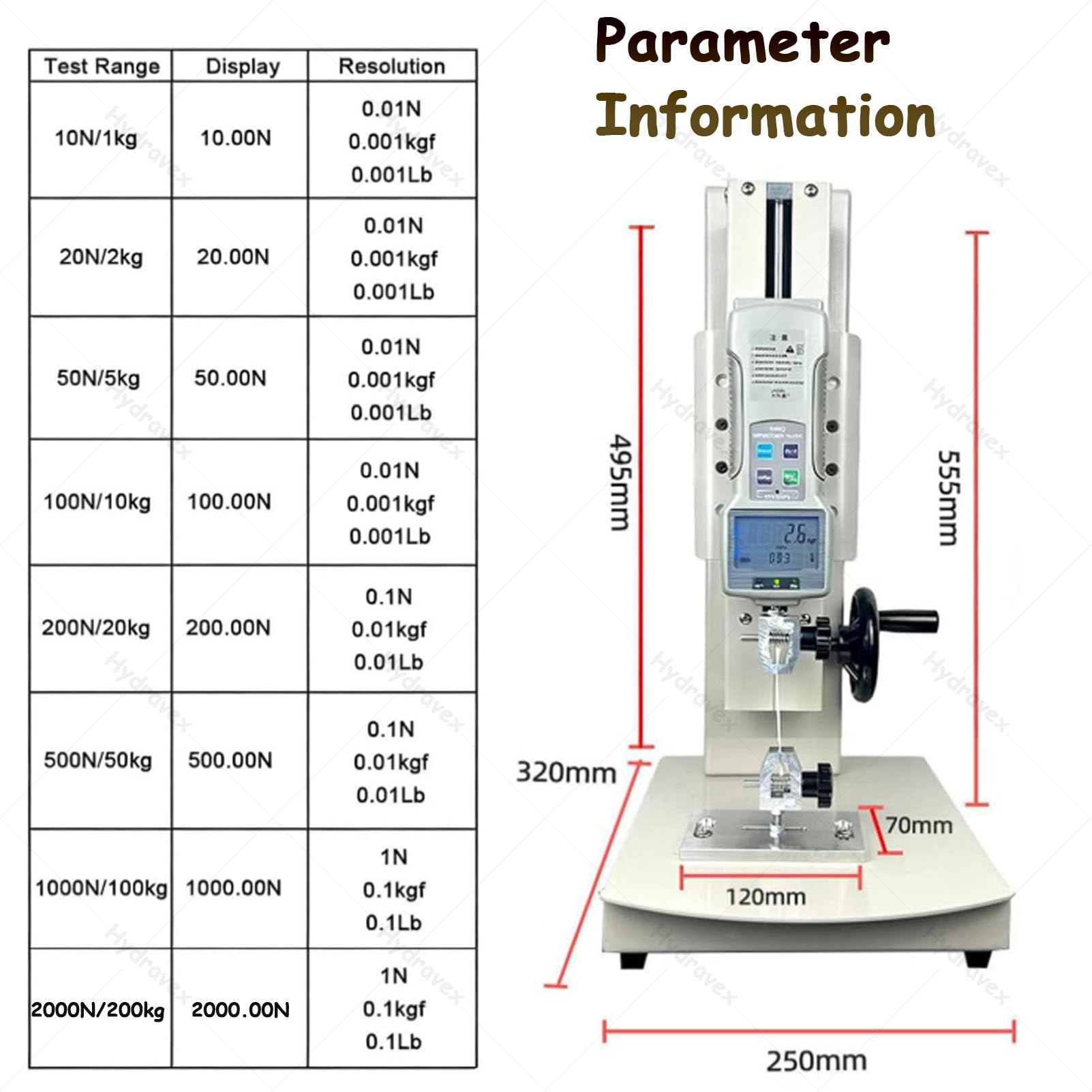 Digitale Zugprüfmaschine 10–2000 N, handkurbelbetriebener vertikaler Zugprüfstand, 270 mm Hub, mit 5 Sonden, Ausgabefunktion/Handradbedienung/übersichtliches Display, für Textilien 2000N+Ruler