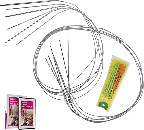 Miniatura 7 de KnitPal Juego de agujas de tejer circulares de metal para calcetines, método de dos circulares, 12 piezas en 6 tamaños, (patrones gratis), ideal