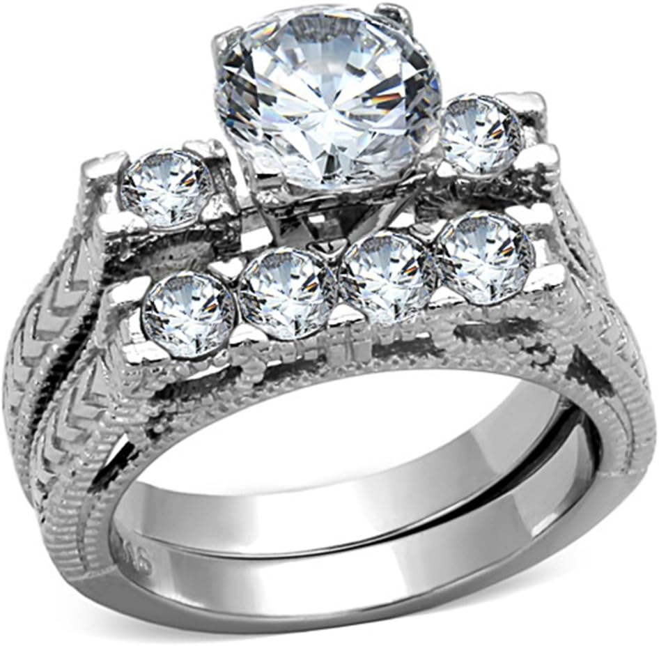 Marimor Jewelry Women's Stainless Steel 316 Round Cut Cubic Zirconia Vintage Wedding Ring Set