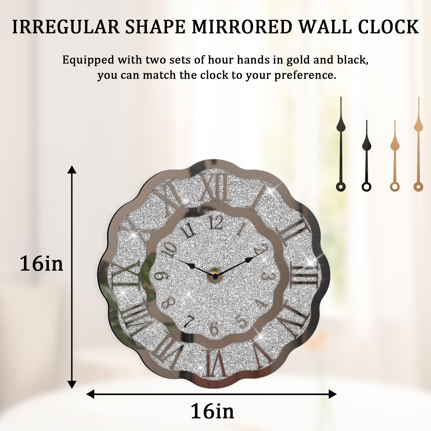 Reloj de pared con espejo de diamante triturado, reloj de cristal plateado moderno para dormitorio, decoración única para el hogar, espejo de cristal, para sala de estar, oficina, comedor