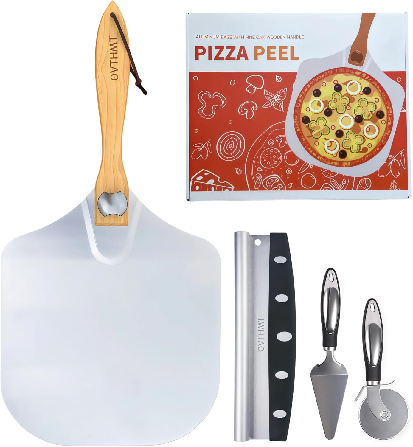 Pizza Peel 12 inch 4 PCS, Aluminum Pizza paddle with Foldable Wood Handle, Metal Pizza Peel, Pizza Peel Set, Pizza Cutter, Rocker Blade, Cutter Wheel, Pizza Spatula, Pizza Making Kit Pizza Peel 12 inch 4 PCS, Aluminum Pizza paddle with Foldable Wood Handle, Metal Pizza Peel, Pizza Peel Set, Pizza Cutter, Rocker Blade, Cutter Wheel, Pizza Spatula, Pizza Making Kit