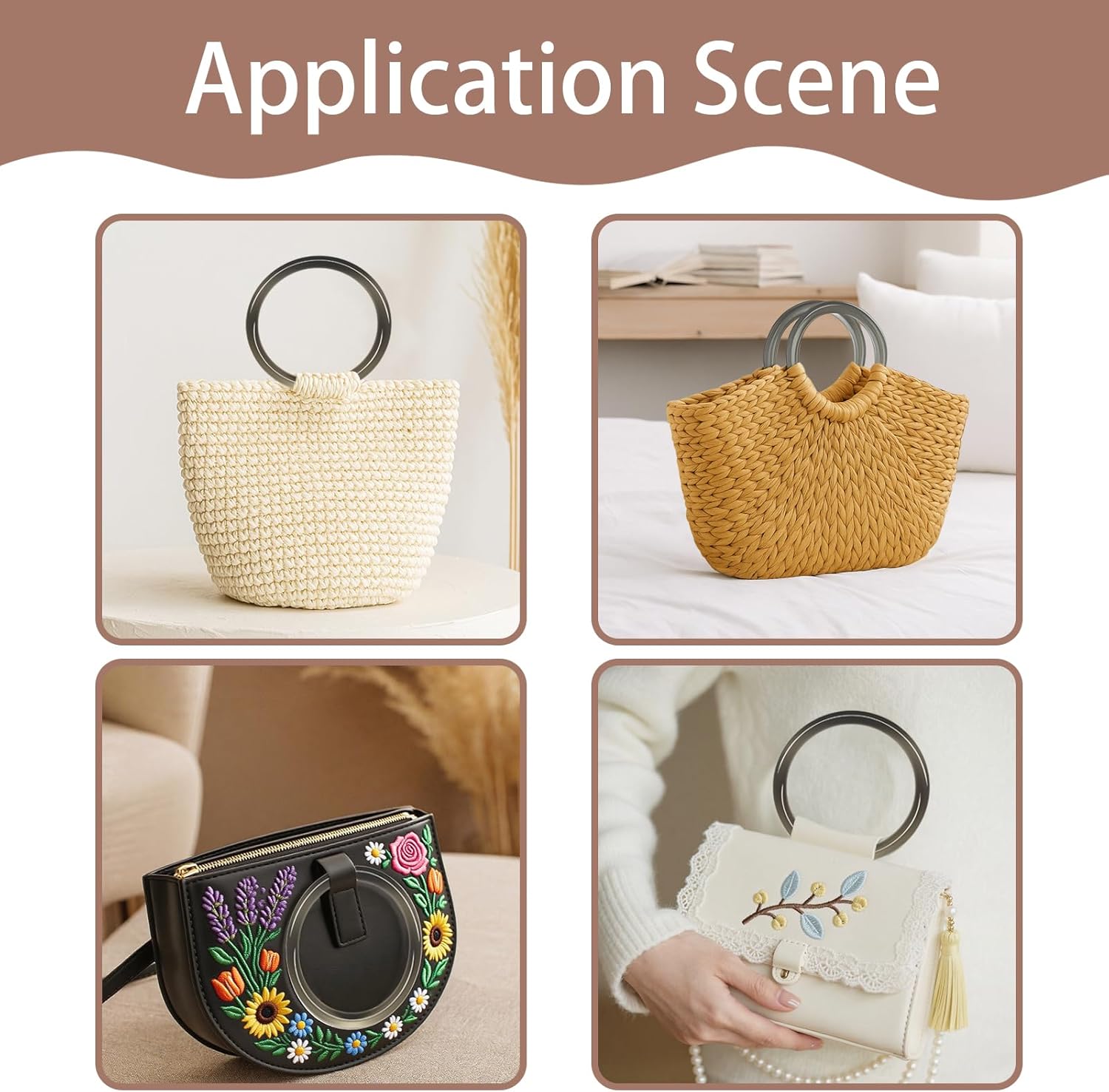 8 Pcs Purse Handles Round 4.5" Handle Replacement for Crochet Bags Decorative DIY Handmade Beach Straw Handbags for Women (Grey) - Image 4