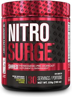 NITROSURGE Shred Thermogenic Pre Workout Supplement - Energy Booster, Instant Strength Gains, Sharp Focus, Powerful Pumps - Nitric Oxide Booster & PreWorkout Powder - 30Sv, Lemon Lime