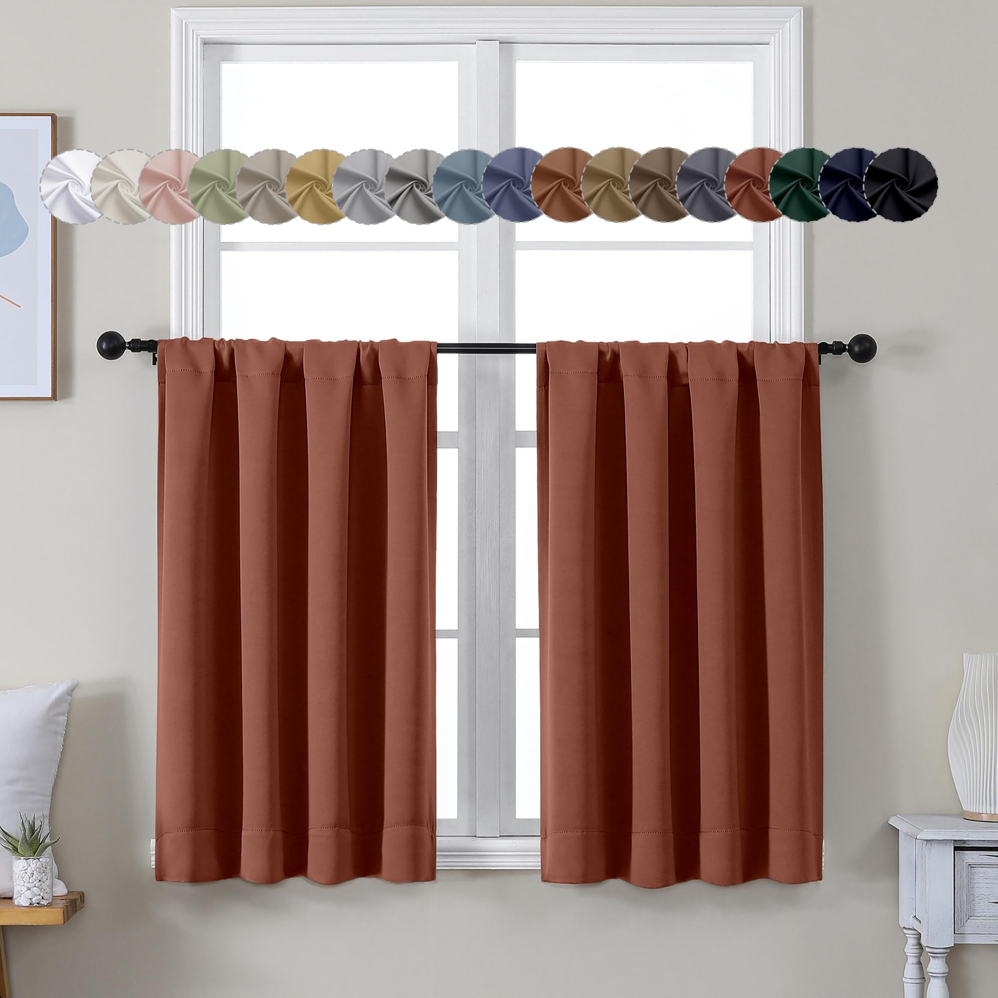 Simplebrand Ava Terracotta Short 36 Inches Blackout Curtain 2 Panels Set, Half Window Rod Pocket Privacy Curtain Tiers for Kitchen, Curtains Blackout for Bathroom Shades, W40 x L36 Inch, Terracotta — image 1