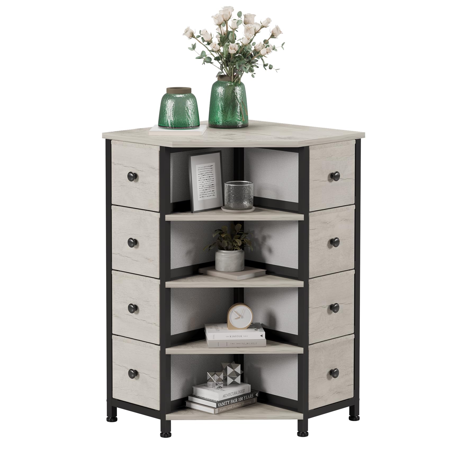 short corner dresser 8-Drawer Corner Dresser with Storage Fabric Drawers and Open Shelves for Small Spaces, Bedroom, Entryway, Living Room
