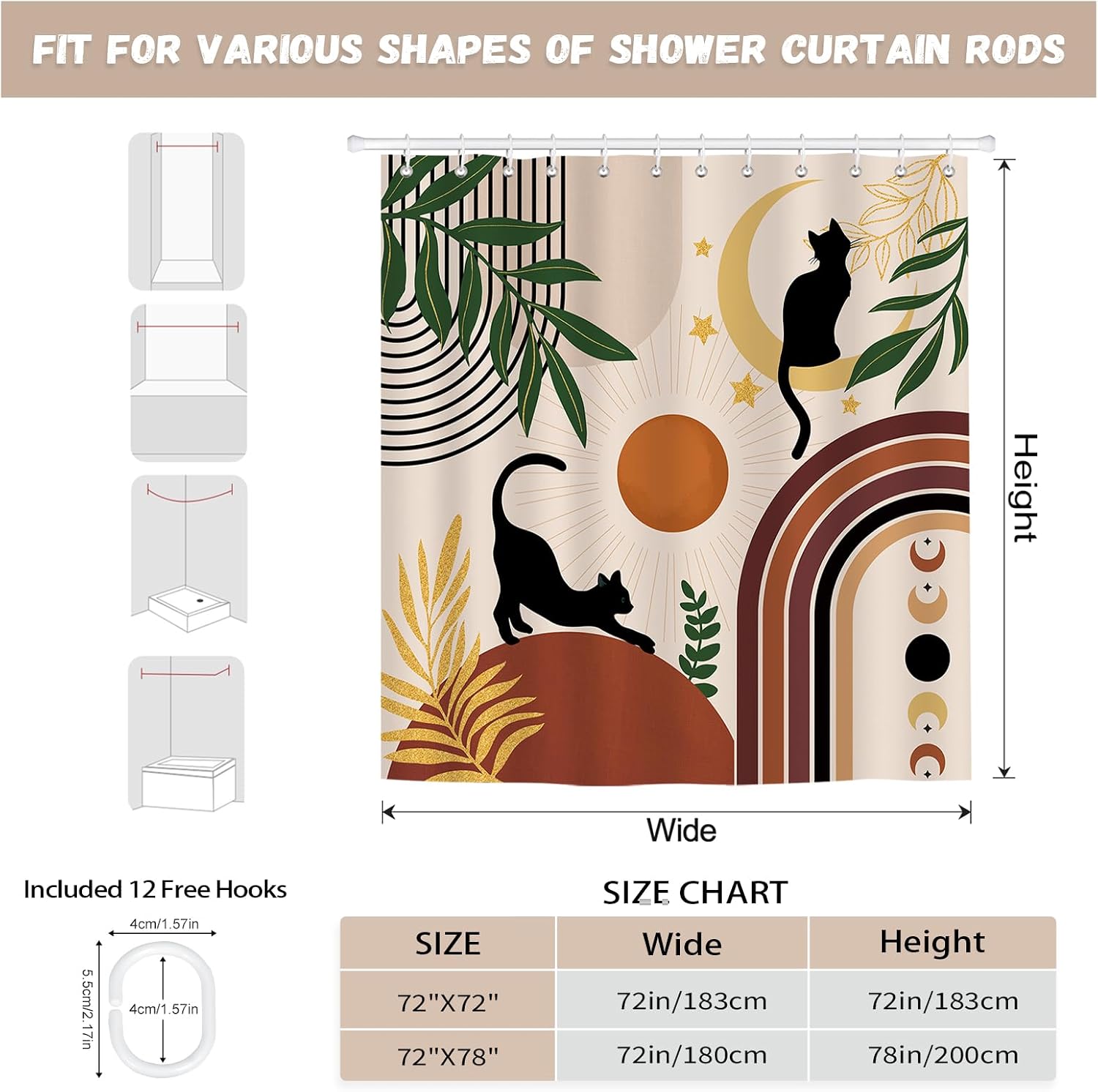 Boho Black Cat Minimalist Gold Leaf Sun Shower Curtain 72X72Inch