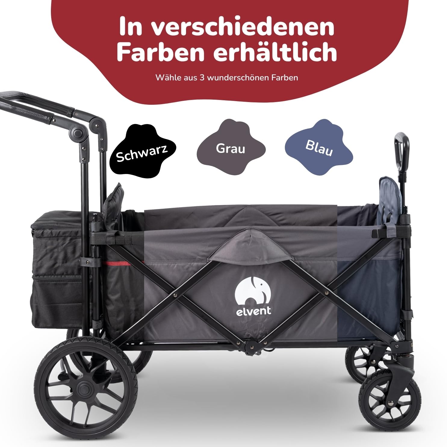 elvent® SmartCruiser Premium Bollerwagen - Handwagen faltbar mit Dach I Sitzpolster, Hecktasche, Feststellbremse, Off-Road-Reifen, 5-Punkt-Gurt I für 2 Kinder | Teleskop-Zugstange (Grau)