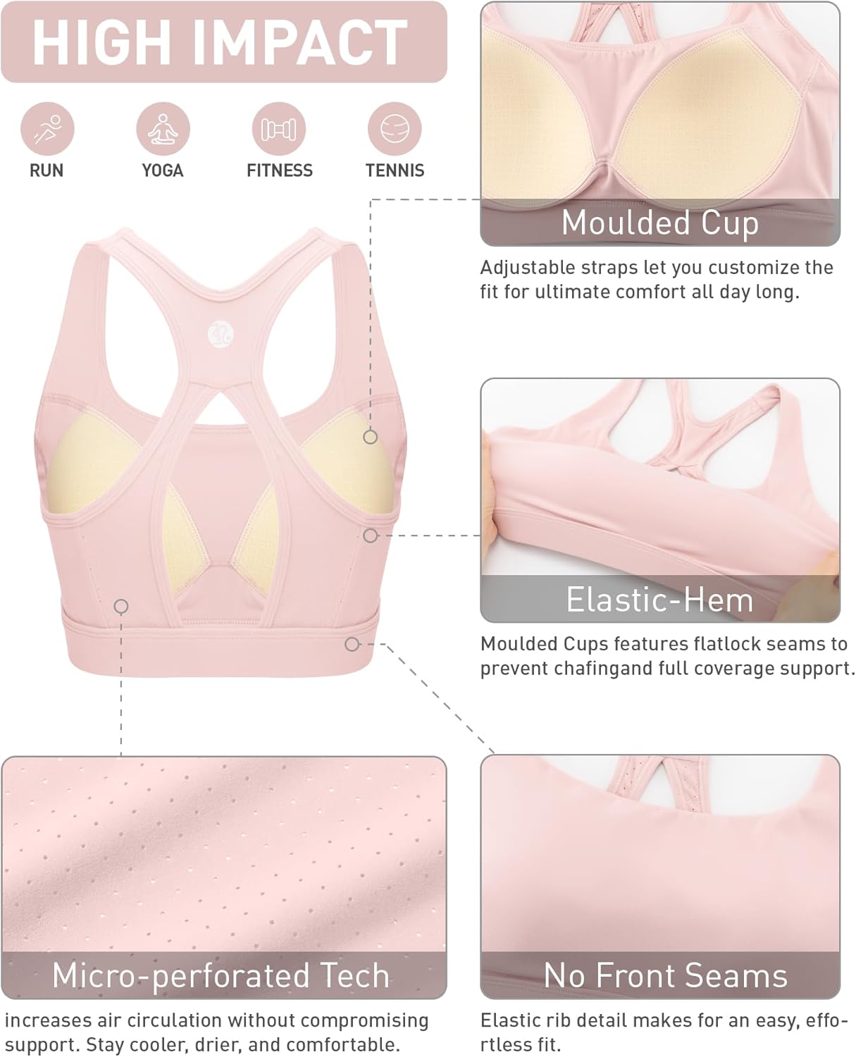 RUNNING GIRL High Impact Sports Bras for Women, High Support Micro Perforated Mesh Sports Bra with Sewn in Pads - Image 6