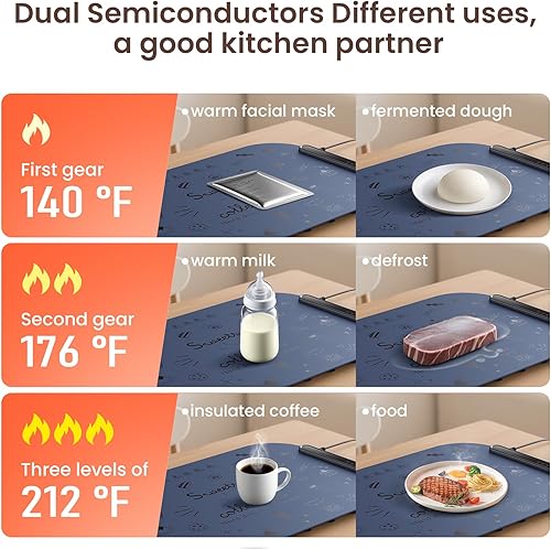 Miniatura 3 de Tapete de calentamiento de alimentos, bandeja calentadora eléctrica portátil con 3 ajustes de calor y patrones exquisitos, calor instantáneo,