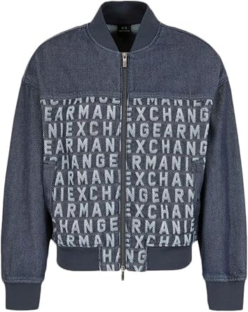 Armani Exchange Men's All Over Jacquard Logo Denim Bomber Jacket