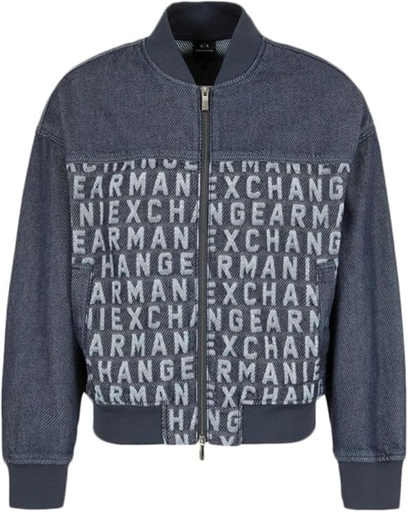 Armani Exchange Men's All Over Jacquard Logo Denim Bomber Jacket