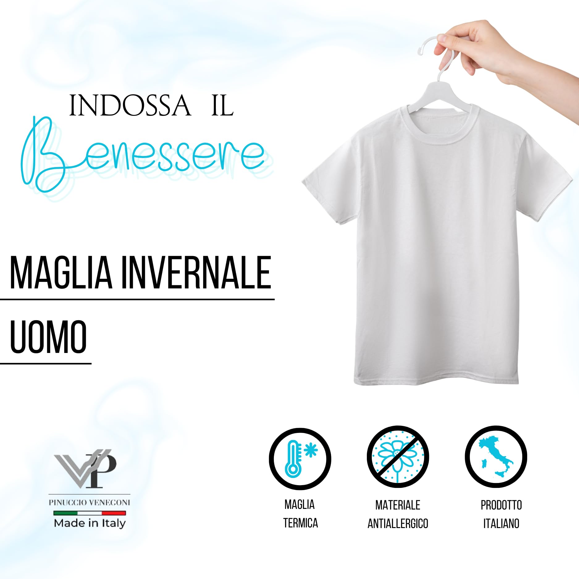 Pinuccio Venegoni - Juego de 3 camisetas de lana de algodón para hombre, camiseta interior térmica, algodón sobre la piel, camiseta de hombre de manga corta de invierno, camiseta térmica blanca, ropa