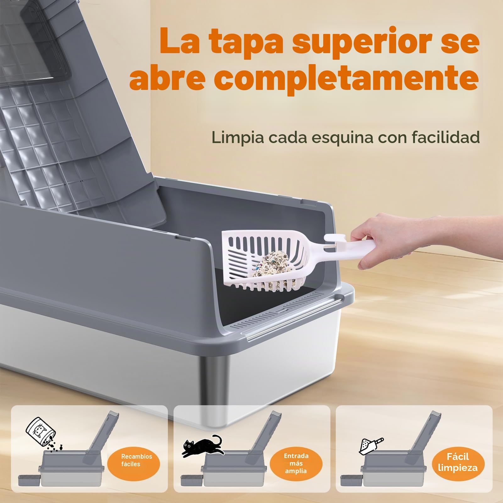 Rywell Arenero Gato Acero Inoxidable XXL, Tapa 120° para una Limpieza Fácil, Caja de Arena Cubierto, 3 en 1 Arenero Gato Bordes Altos con Pala