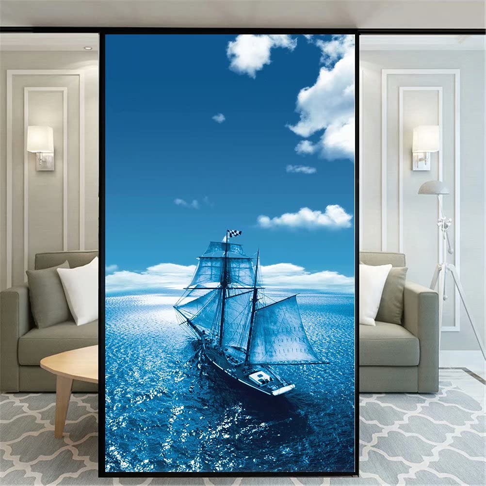 Non Adhesive Decorative Privacy Frosted Window Film Sail The Sea Pattern Glass Door Window Covering Window Decals Window Sticker for Home Office 89x120cm(35