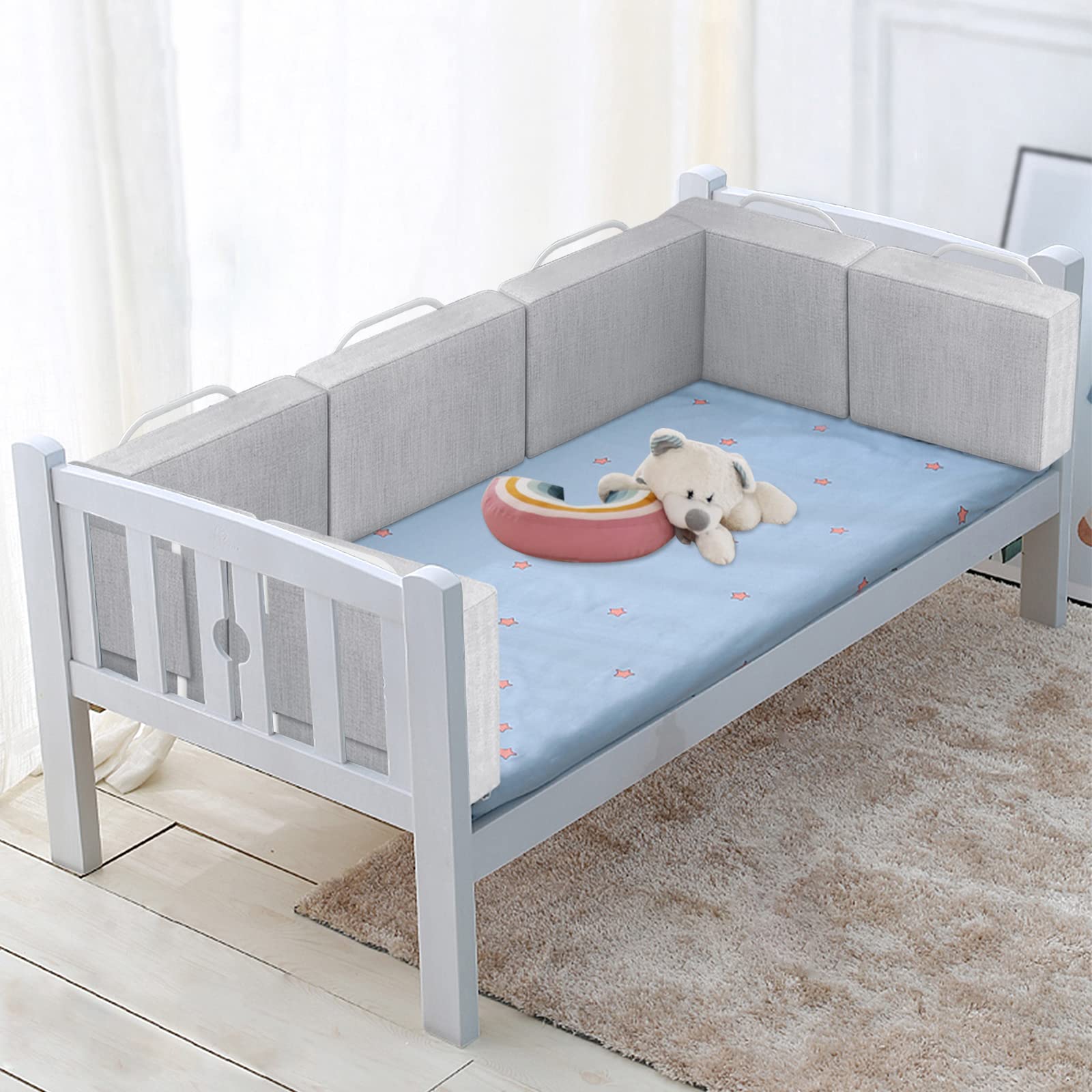 YUENFONG Barrera de cama para niños de 60 cm, barandilla de altura ajustable, 5 orificios, protección lateral ajustable, 2 unidades, lino gris