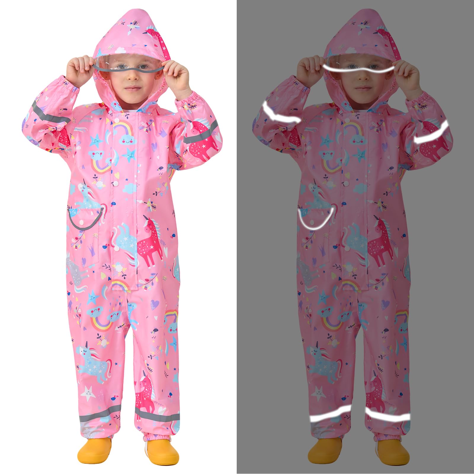 Enfant Imperméable à Capuche Fille Combinaison de Pluie Respirant Léger Randonnée Vestes Réfléchissante Rayure Imperméables Unisexe 1-9 Ans