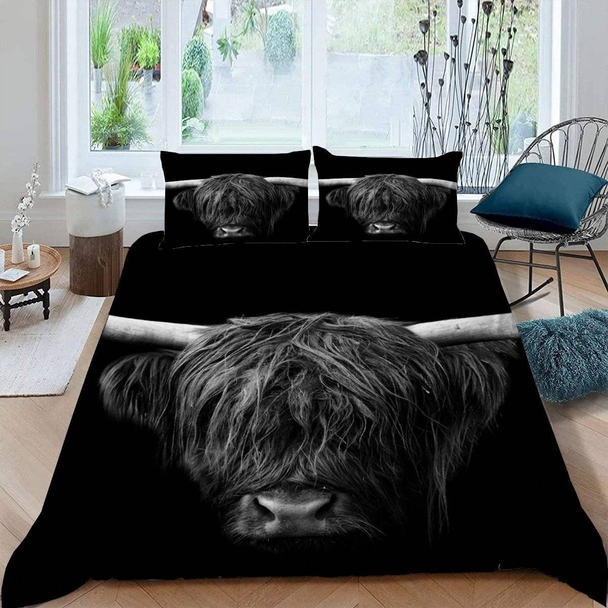 RFFLUX 3D Highland Cattle Double Bedding Duvet Cover Set 3 Pieces 200x200 Ultra Soft Microfiber Farm Animals Cow Comforter Cover with Zipper Easy Care Quilt Cover with 2 Pillowcase for Room Decor